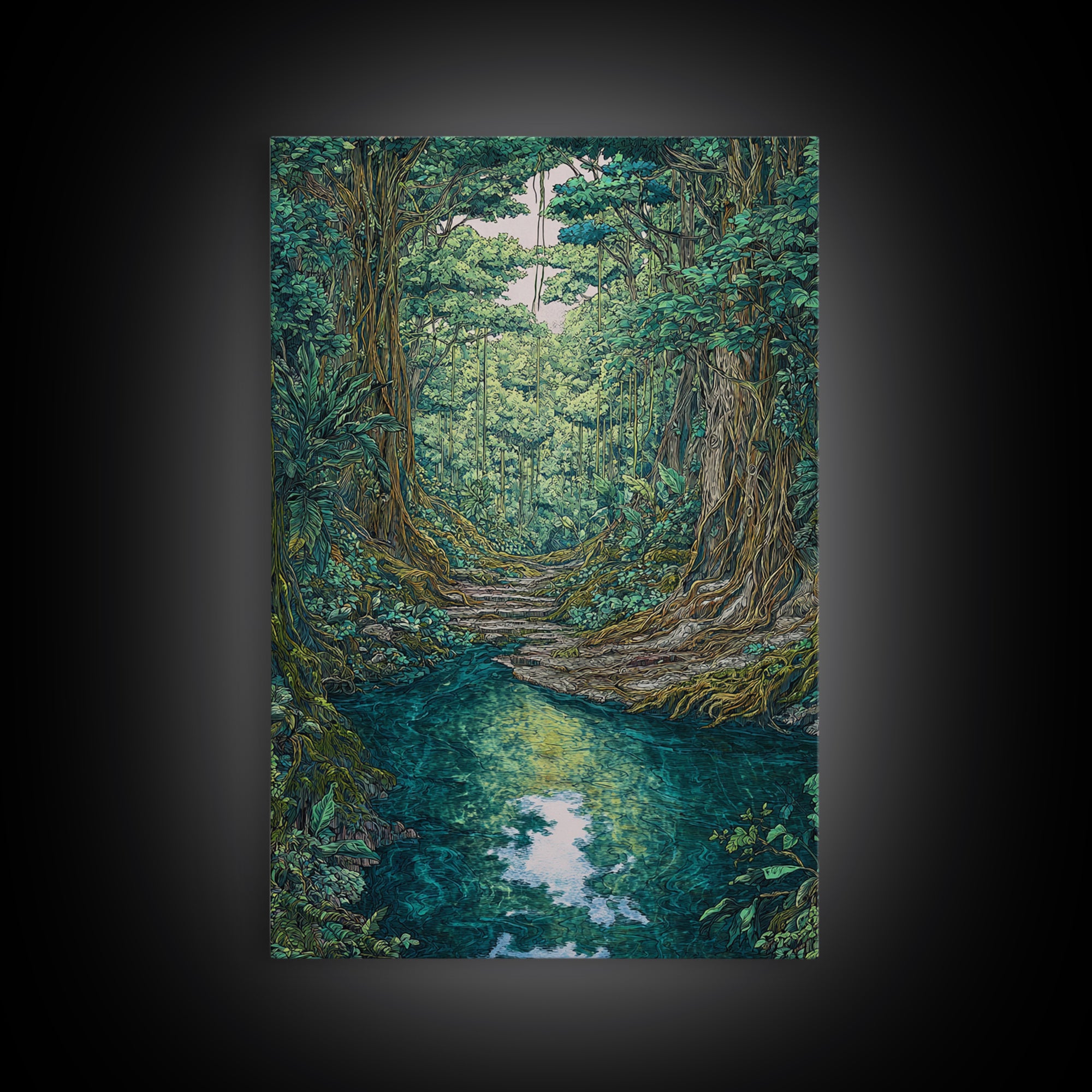 Rainforest River Path Framed Canvas Print, Ancient Jungle Roots, Green Nature Scene Art, Boho Wall Decor, Unique Home Decor