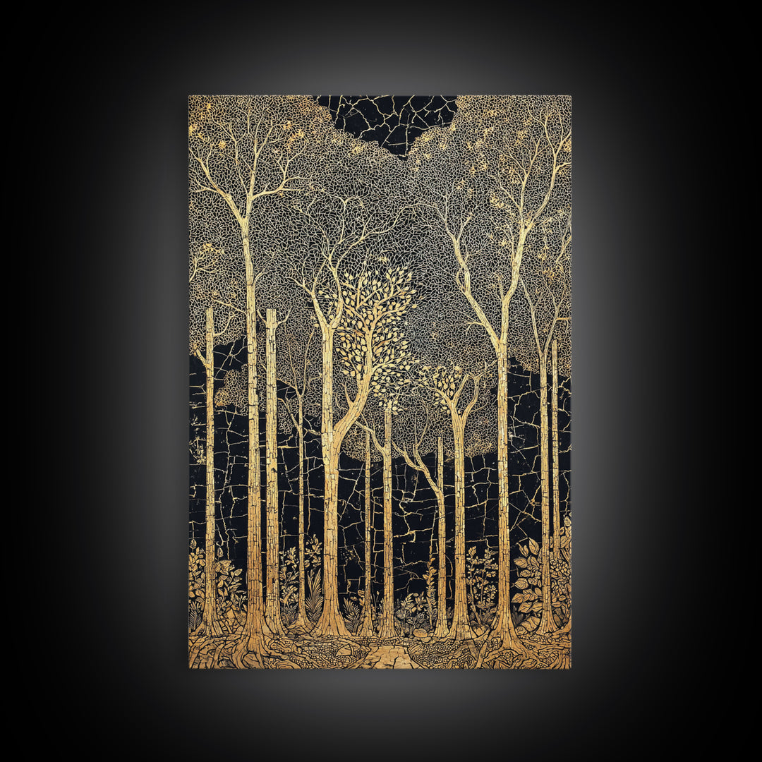 Black And Gold Forest Wall Art, Tall Tree Line Illustration, Abstract Nature Pattern, Elegant Home Decor, Luxury Art Print