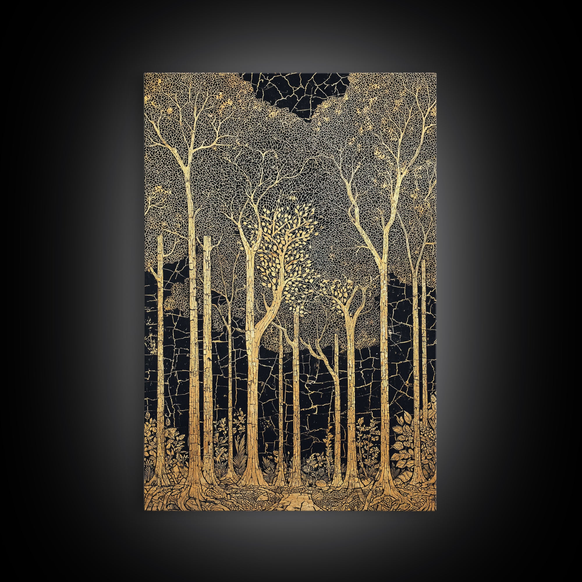 Black And Gold Forest Wall Art, Tall Tree Line Illustration, Abstract Nature Pattern, Elegant Home Decor, Luxury Art Print