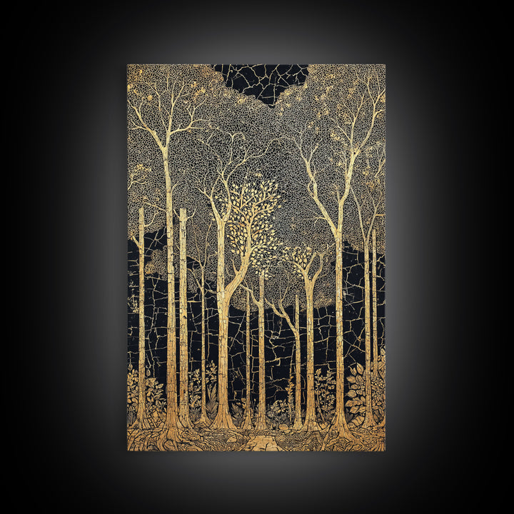 Black And Gold Forest Wall Art, Tall Tree Line Illustration, Abstract Nature Pattern, Elegant Home Decor, Luxury Art Print