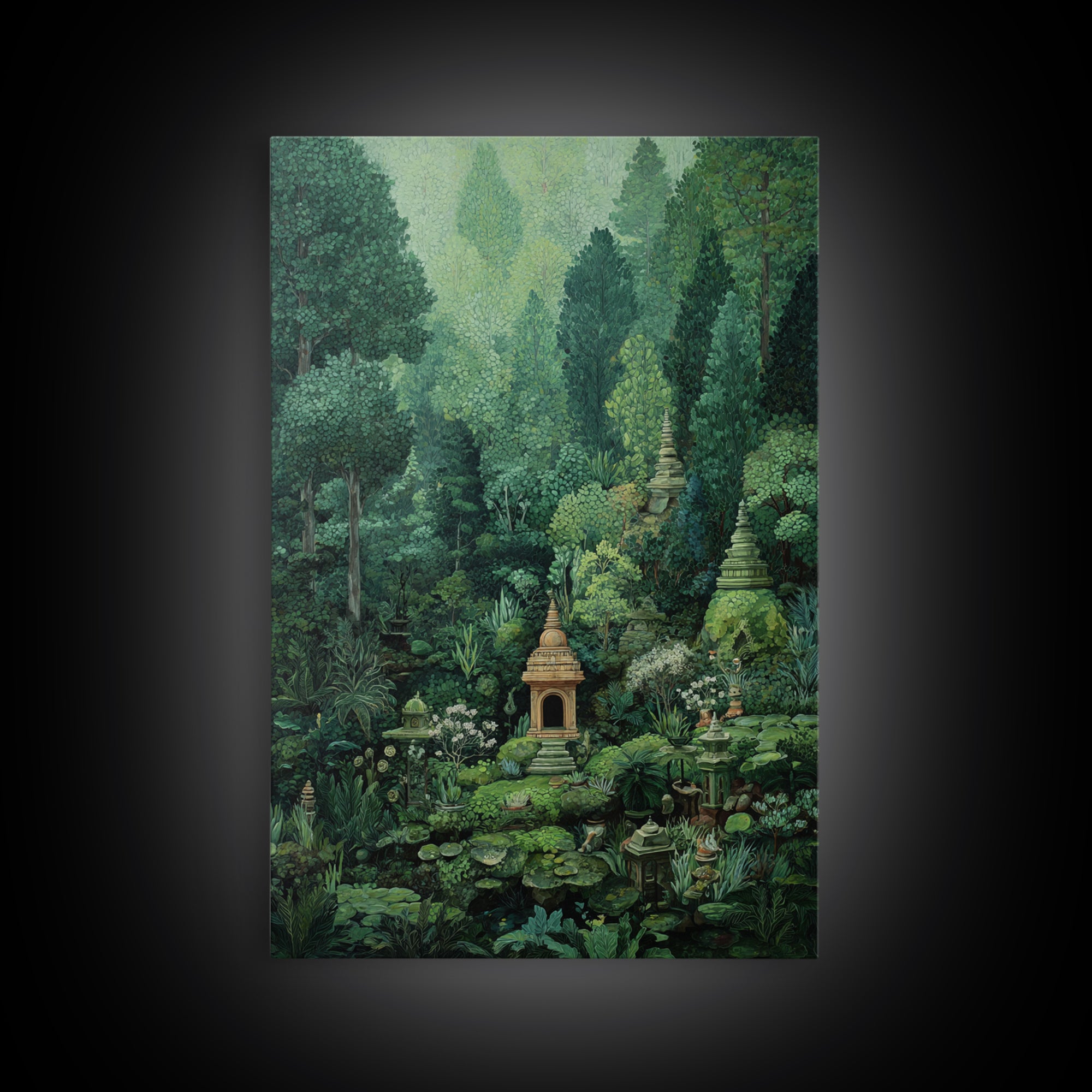 Secret Jungle Temple Garden Canvas Print, Lush Green Botanical Landscape, Spiritual Wall Art, Bohemian Decor Art, Living Room Decor