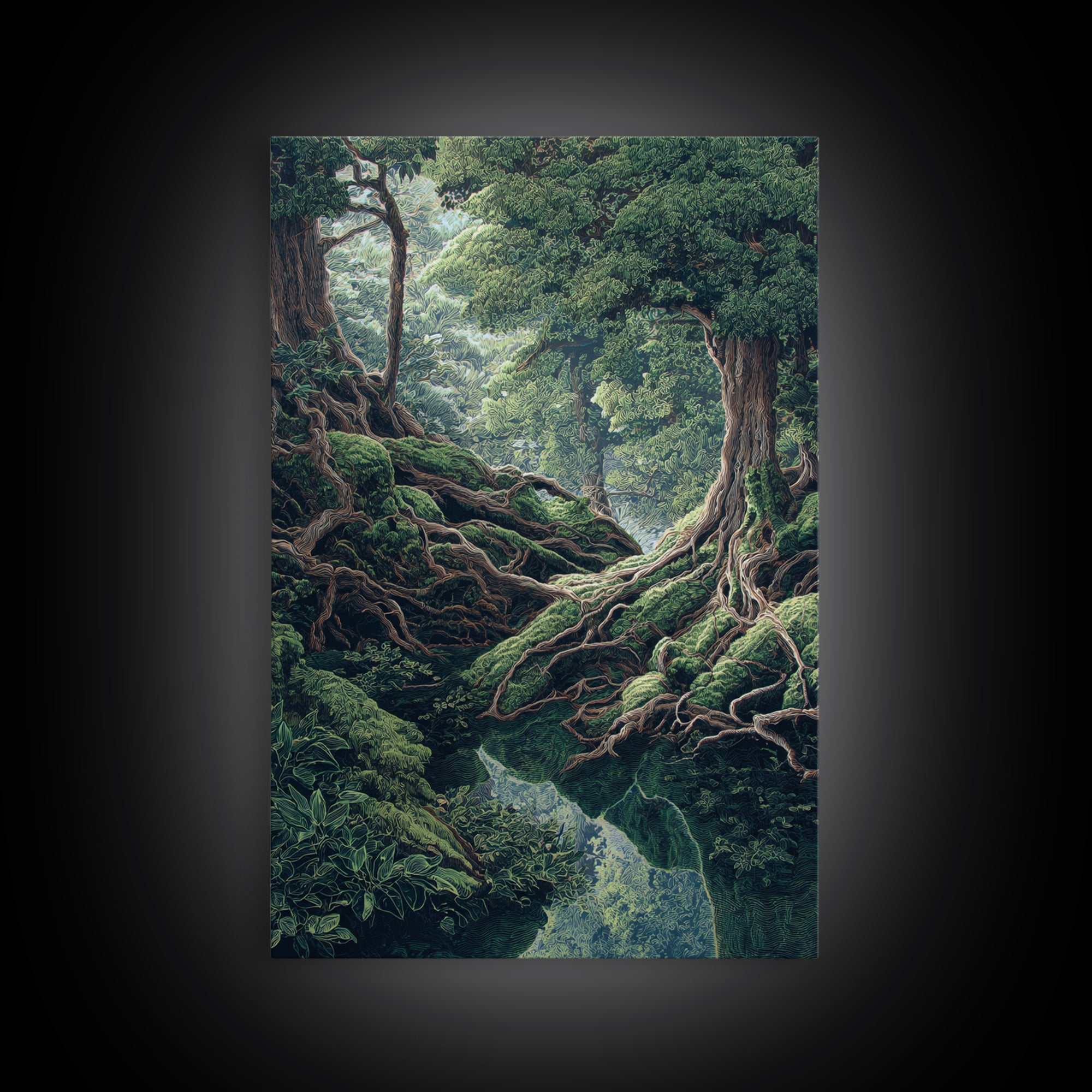 Ancient Forest Roots Wall Art, Mossy Green River Gorge, Mystical Nature Scene Art, Statement Wall Decor, Unique Canvas Print
