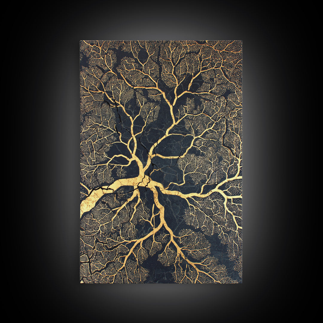 Black And Gold Branching Tree Wall Art, Abstract Root Network, Earth Tone Wall Decor, Luxury Art Print, Modern Canvas Art