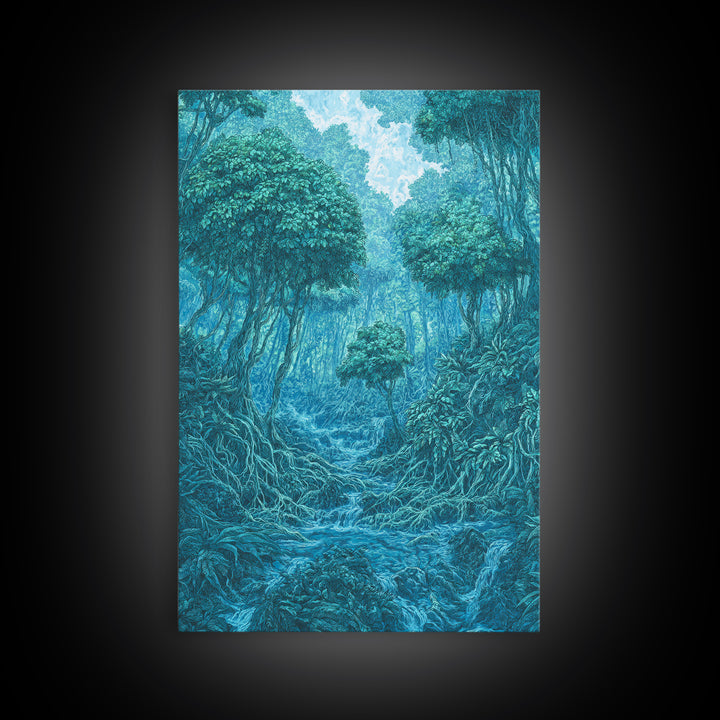 Blue Mystical Rainforest Stream Framed Canvas Print, Dreamy Jungle Wall Art, Teal Nature Scene, Spiritual Wall Decor Gift