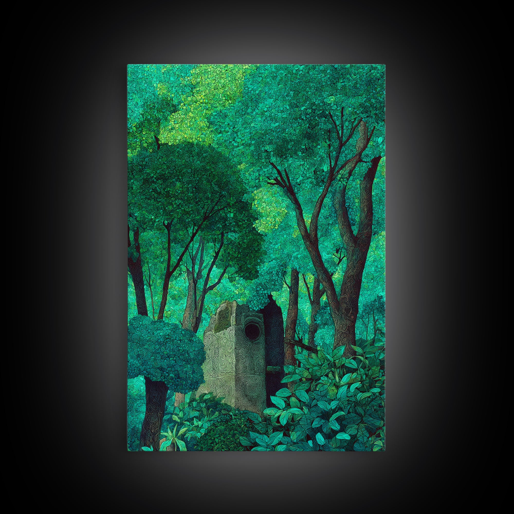 Emerald Forest Shrine With Ancient Stone Door Wall Art, Mystical Jungle Decor, Nature Scene Art, Teal Green Home Decor Gift
