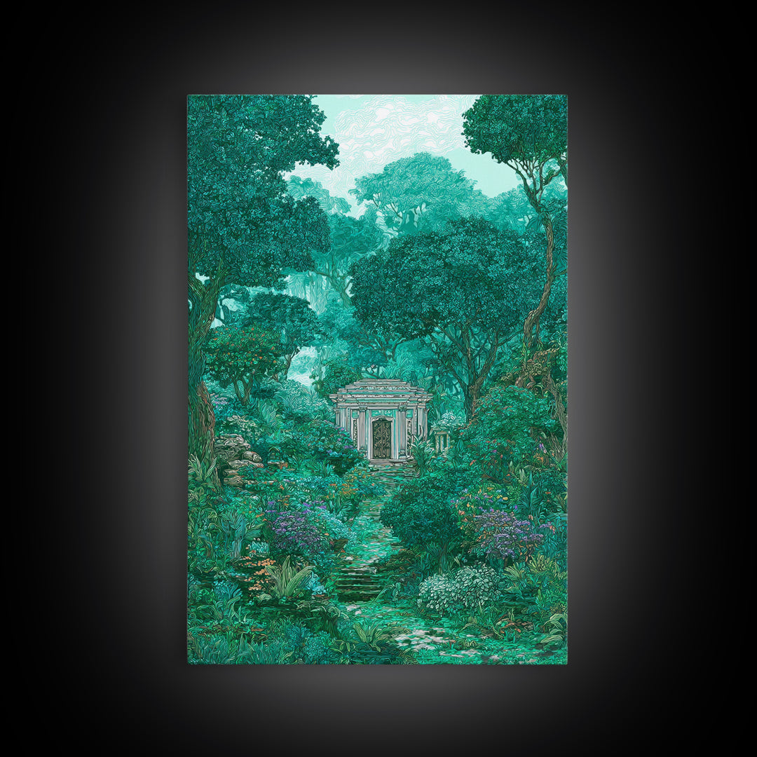 Hidden Garden Temple Path Canvas Print, Emerald Forest Landscape, Dreamy Nature Wall Decor, Botanical Living Room Art Gift