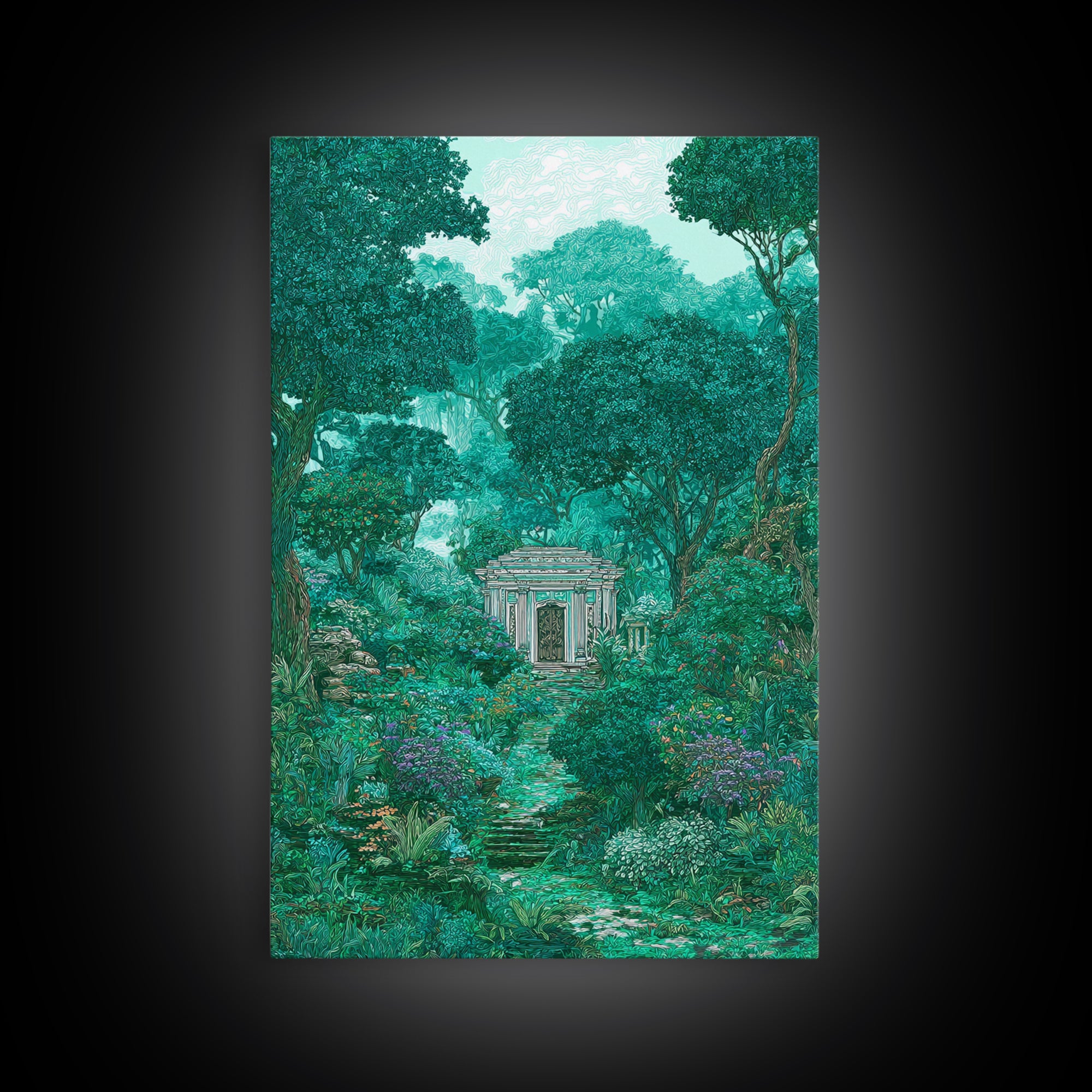 Hidden Garden Temple Path Canvas Print, Emerald Forest Landscape, Dreamy Nature Wall Decor, Botanical Living Room Art Gift