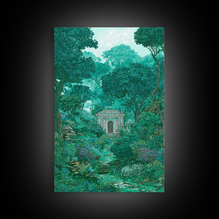 Hidden Garden Temple Path Canvas Print, Emerald Forest Landscape, Dreamy Nature Wall Decor, Botanical Living Room Art Gift