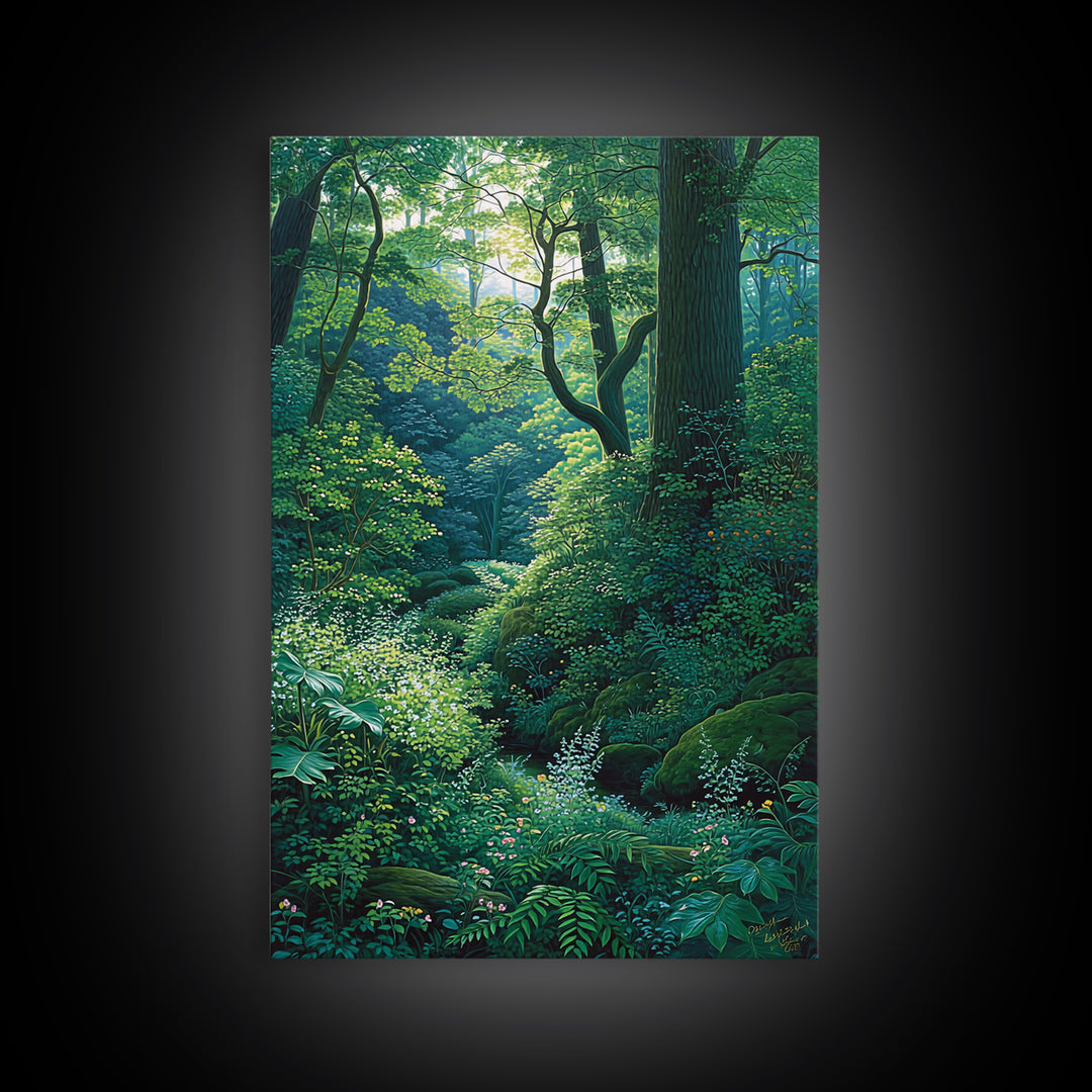 Sunlit Woodland Glade With Ferns Wall Art, Green Nature Scene Art, Dreamy Forest Decor, Botanical Bedroom Wall Decor Gift