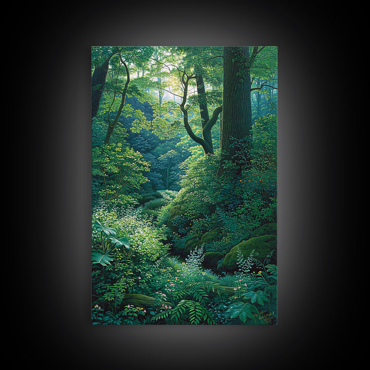 Sunlit Woodland Glade With Ferns Wall Art, Green Nature Scene Art, Dreamy Forest Decor, Botanical Bedroom Wall Decor Gift