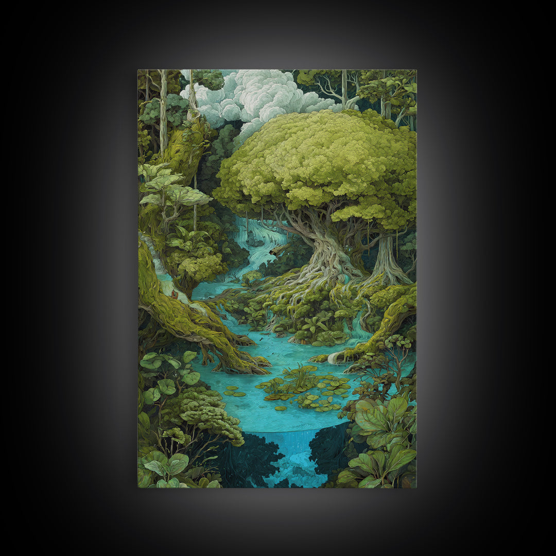Ancient Banyan Over Turquoise River Painting Canvas Print, Fantasy Jungle Decor, Green Nature Wall Art, Unique Home Decor Gift