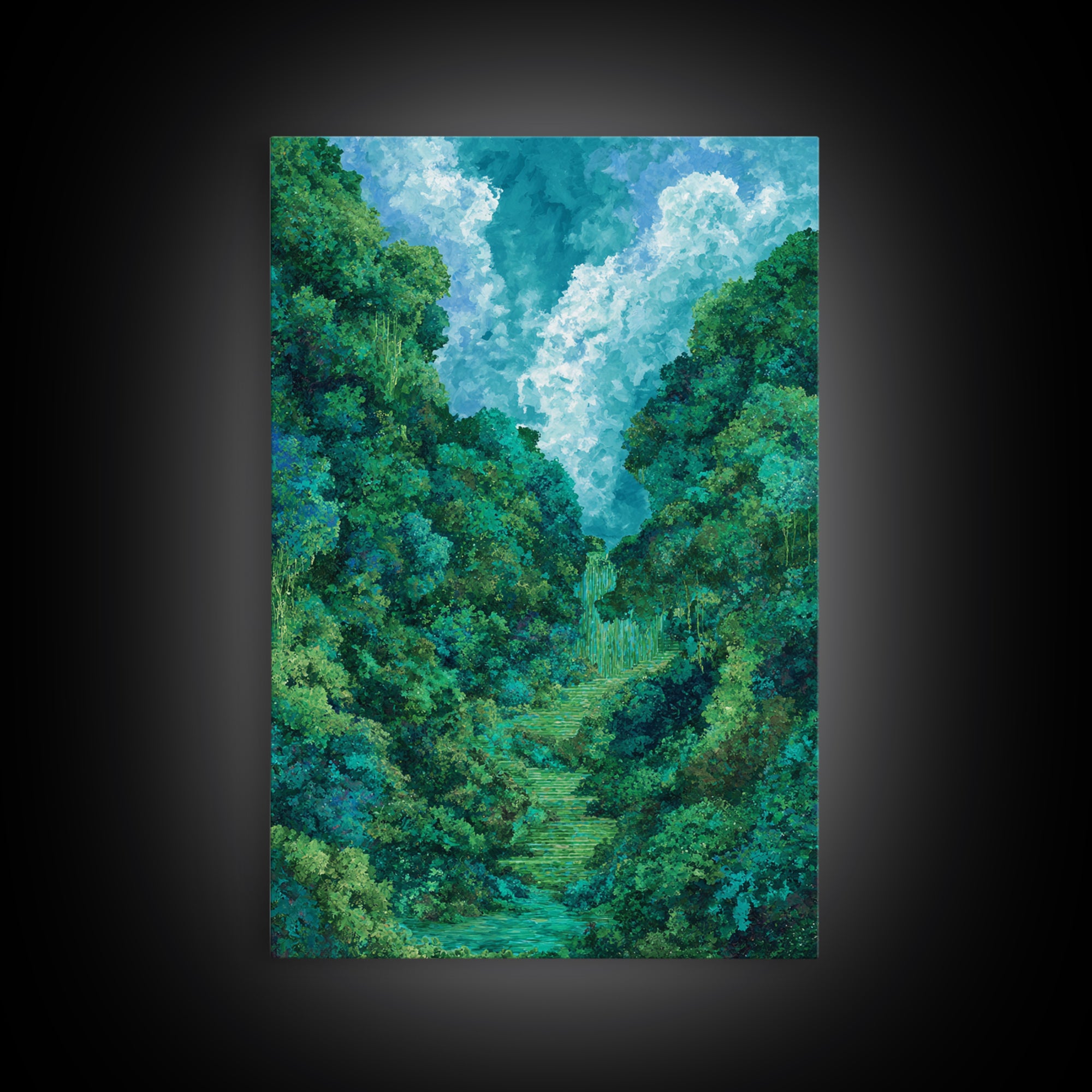 Turquoise Rainforest Valley With Waterfall Canvas Print, Lush Green Landscape, Nature Scene Art, Modern Wall Decor Art Gift