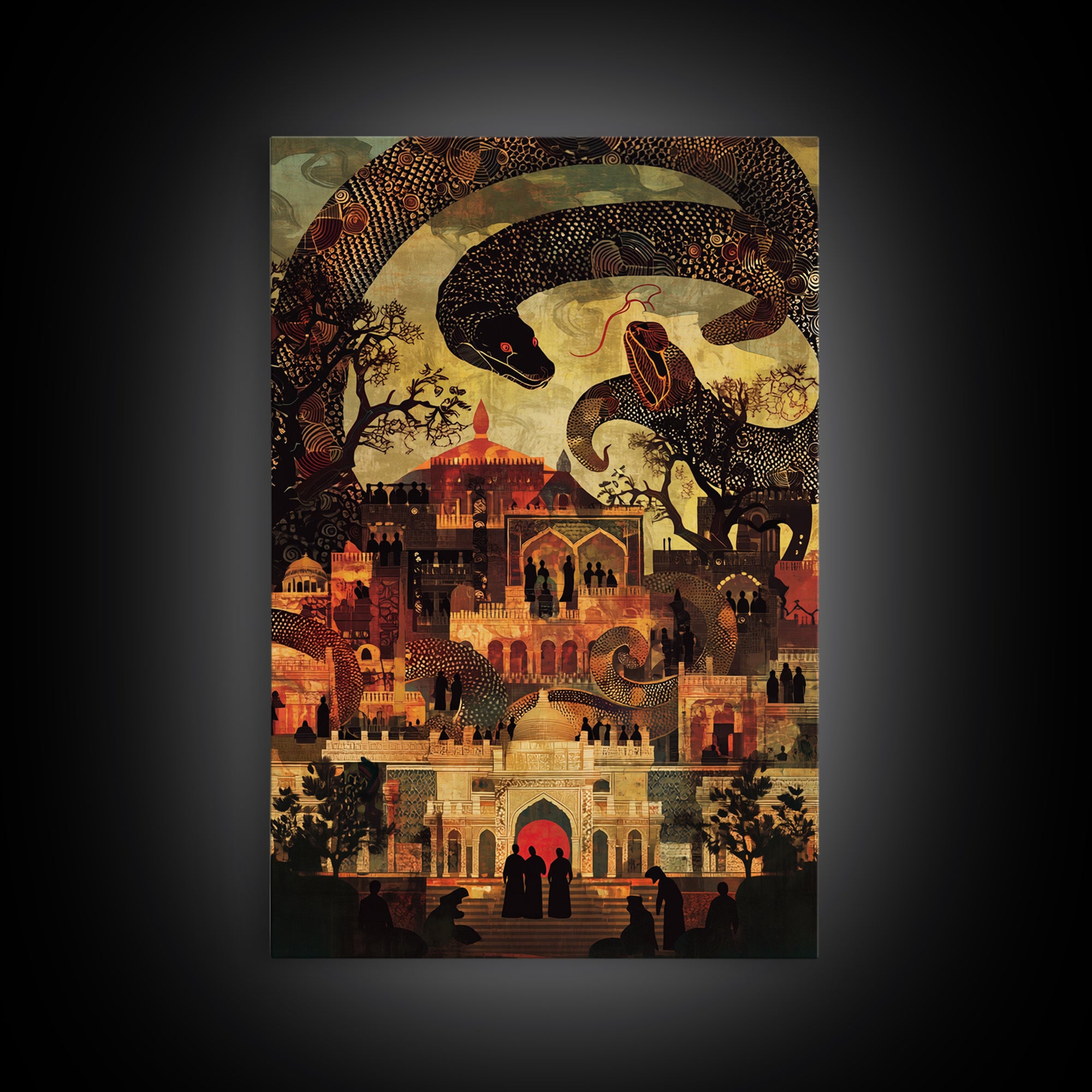 Enchanted Palace With Giant Serpent Wall Art, Mystical Travel Decor, Indian Decor, Fantasy City Canvas Style Art Print Gift