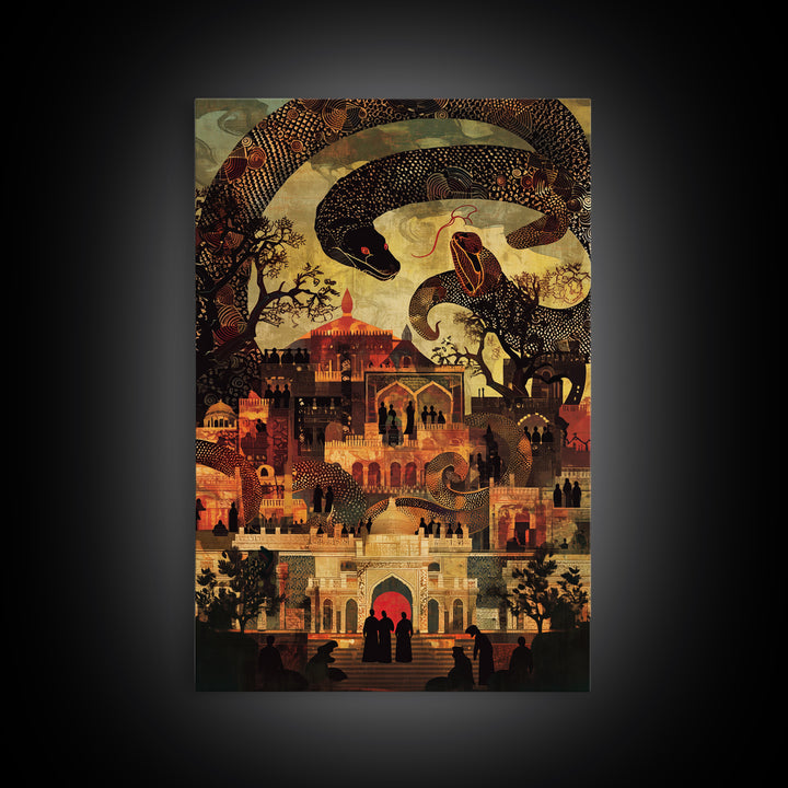 Enchanted Palace With Giant Serpent Wall Art, Mystical Travel Decor, Indian Decor, Fantasy City Canvas Style Art Print Gift