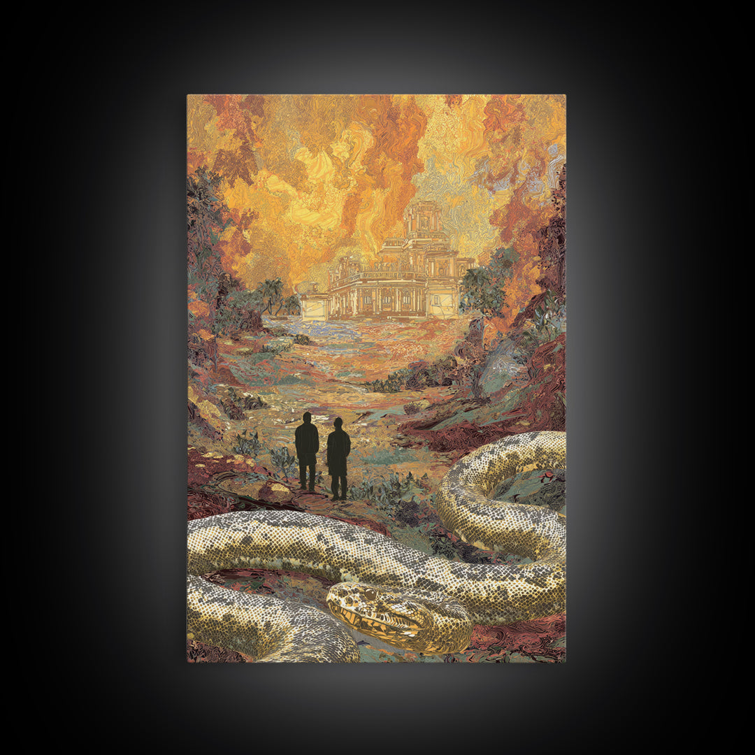 Golden Ruins With Giant Serpent Canvas Print, Surreal Fantasy Landscape Wall Art, Burnt Orange Art, Statement Home Decor Gift