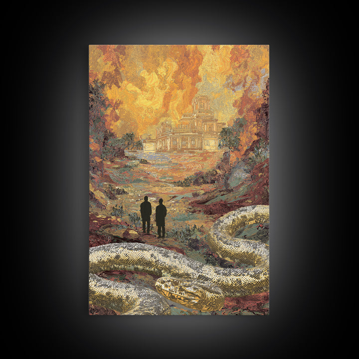 Golden Ruins With Giant Serpent Canvas Print, Surreal Fantasy Landscape Wall Art, Burnt Orange Art, Statement Home Decor Gift