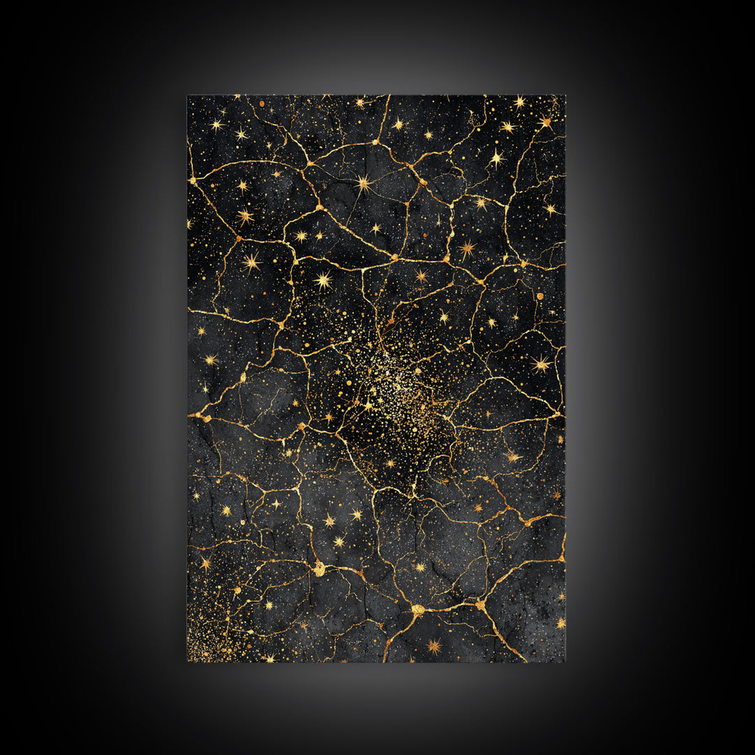 Black Gold Celestial Marble Stars Wall Art, Abstract African Inspired Cosmic Decor, Luxury Canvas Print For Modern Home Decor