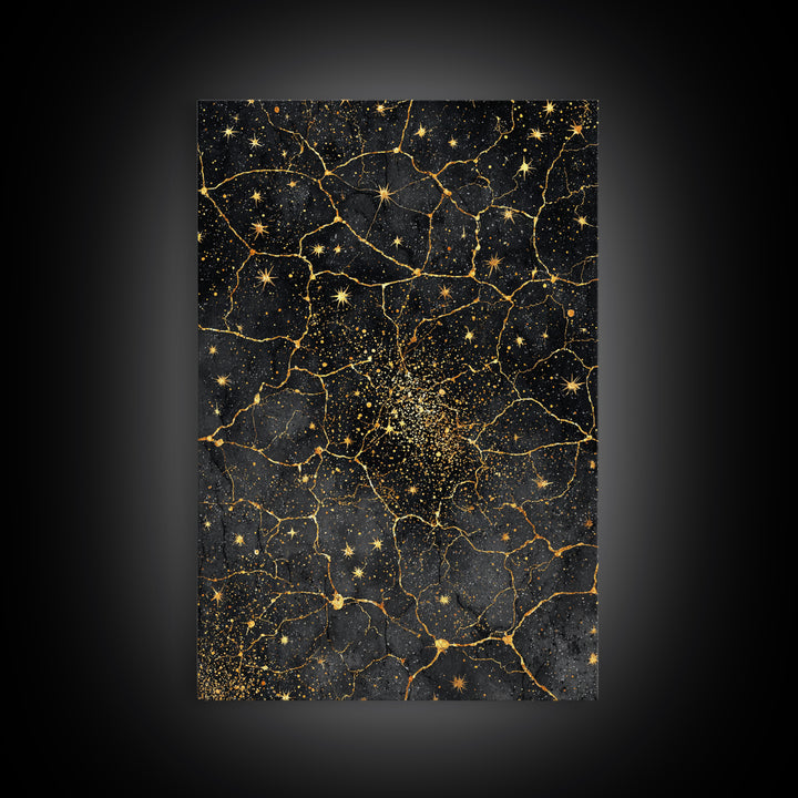 Black Gold Celestial Marble Stars Wall Art, Abstract African Inspired Cosmic Decor, Luxury Canvas Print For Modern Home Decor