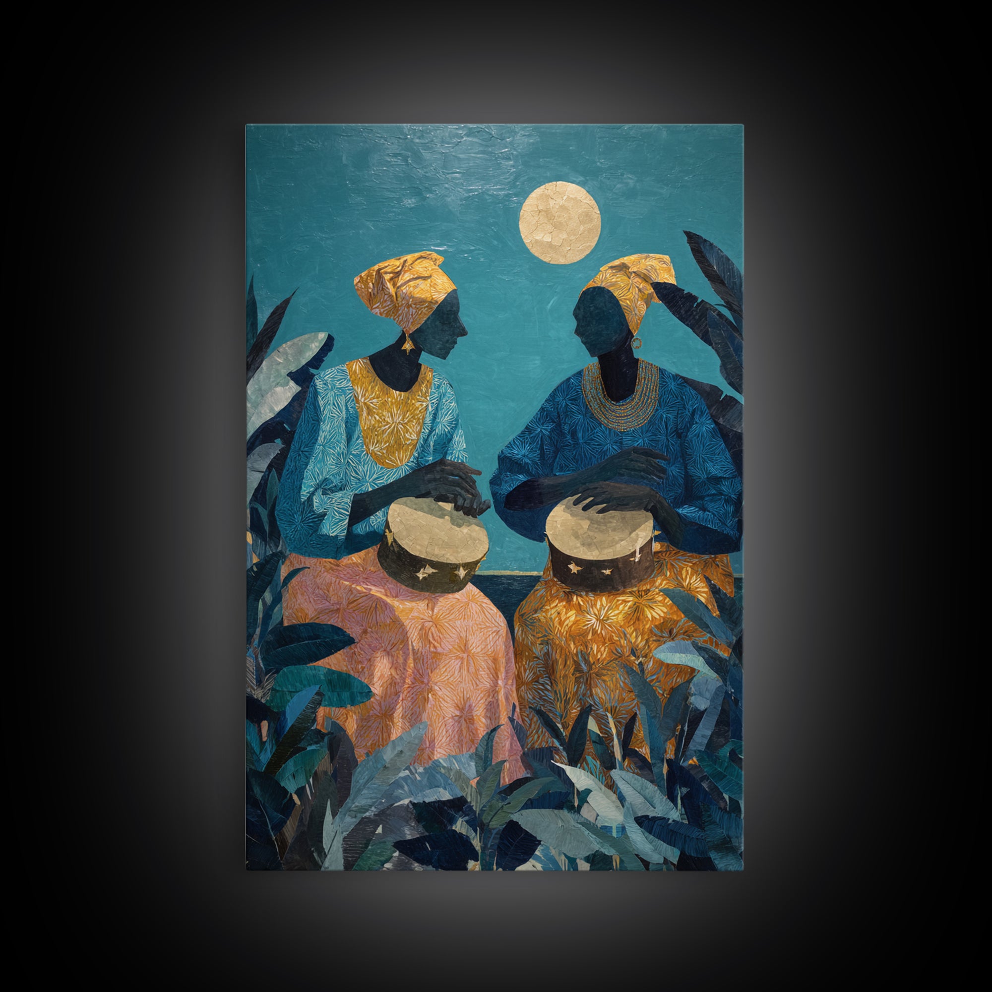 Two African Women Drumming Under Moon Wall Art, Afrocentric Canvas Print, Teal Jungle Decor, Cultural Home Decor Gift For Living Room