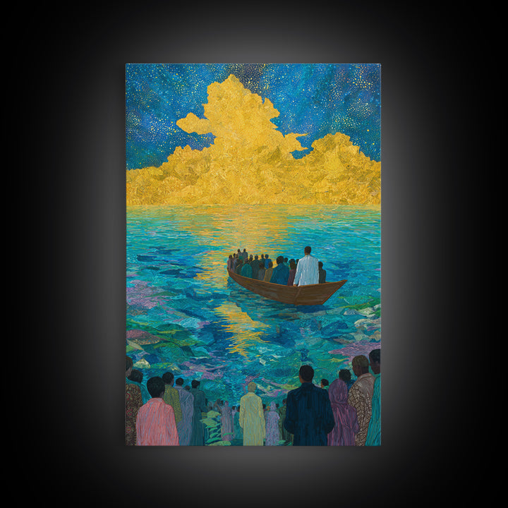 Boat Crossing Turquoise Water To Golden Clouds Wall Art, African Landscape Canvas Print, Spiritual Travel Decor Gift For Home