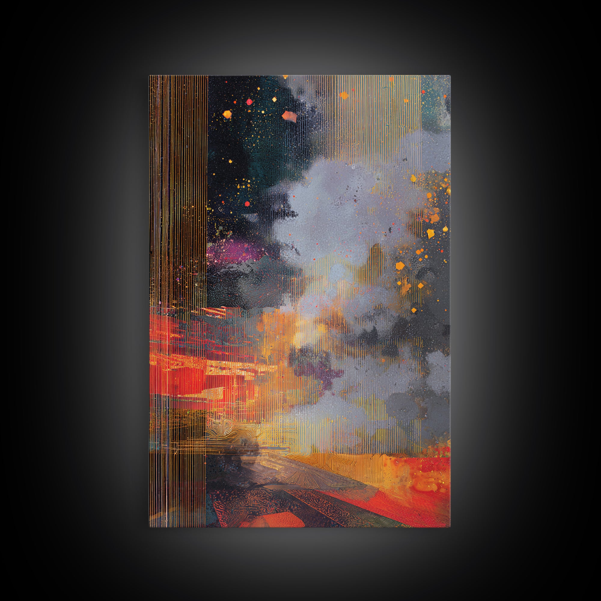 Abstract Gold Rain City Cosmos Wall Art, Modern African Inspired Canvas Print, Bold Red Orange Office Decor For Living Room