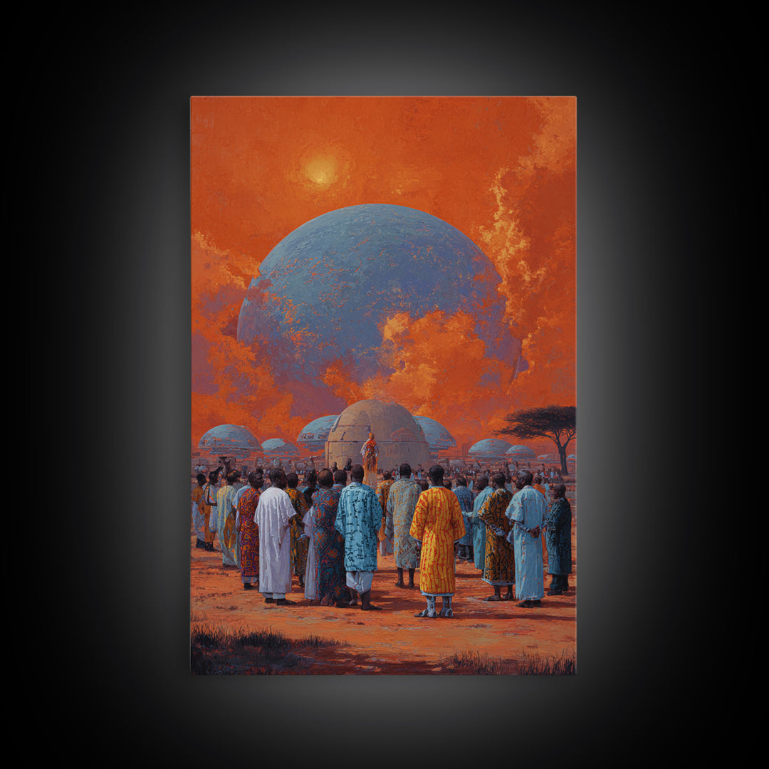 Afrofuturist Gathering Beneath Blue Planet Wall Art, African Culture Canvas Print, Orange Sky Village Home Decor Gift For Her