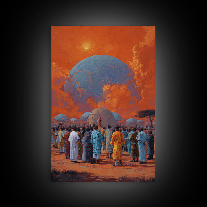 Afrofuturist Gathering Beneath Blue Planet Wall Art, African Culture Canvas Print, Orange Sky Village Home Decor Gift For Her