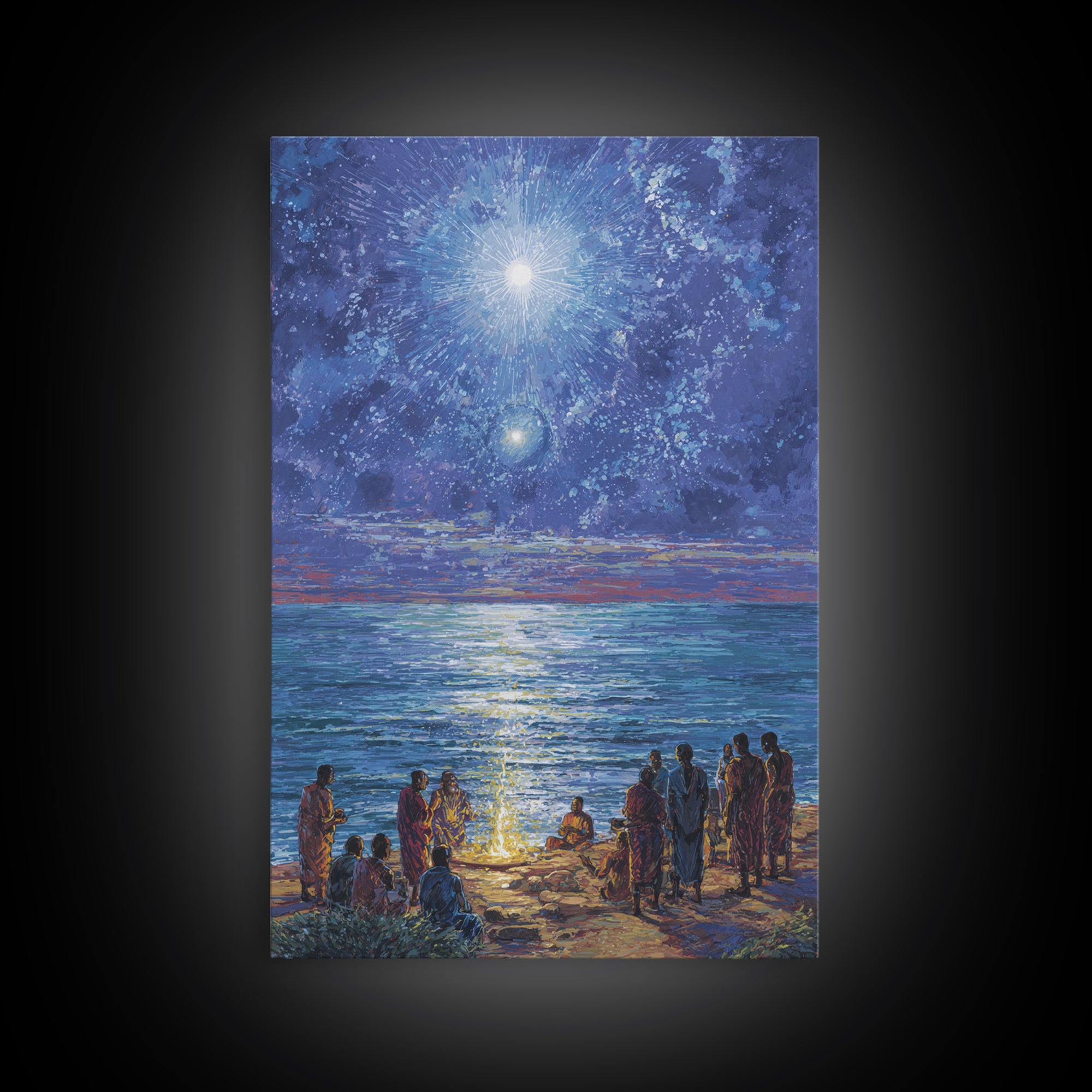 Moonlit Ocean Gathering At Shore Wall Art, African People Canvas Print, Blue Spiritual Nature Scene Decor For Living Room