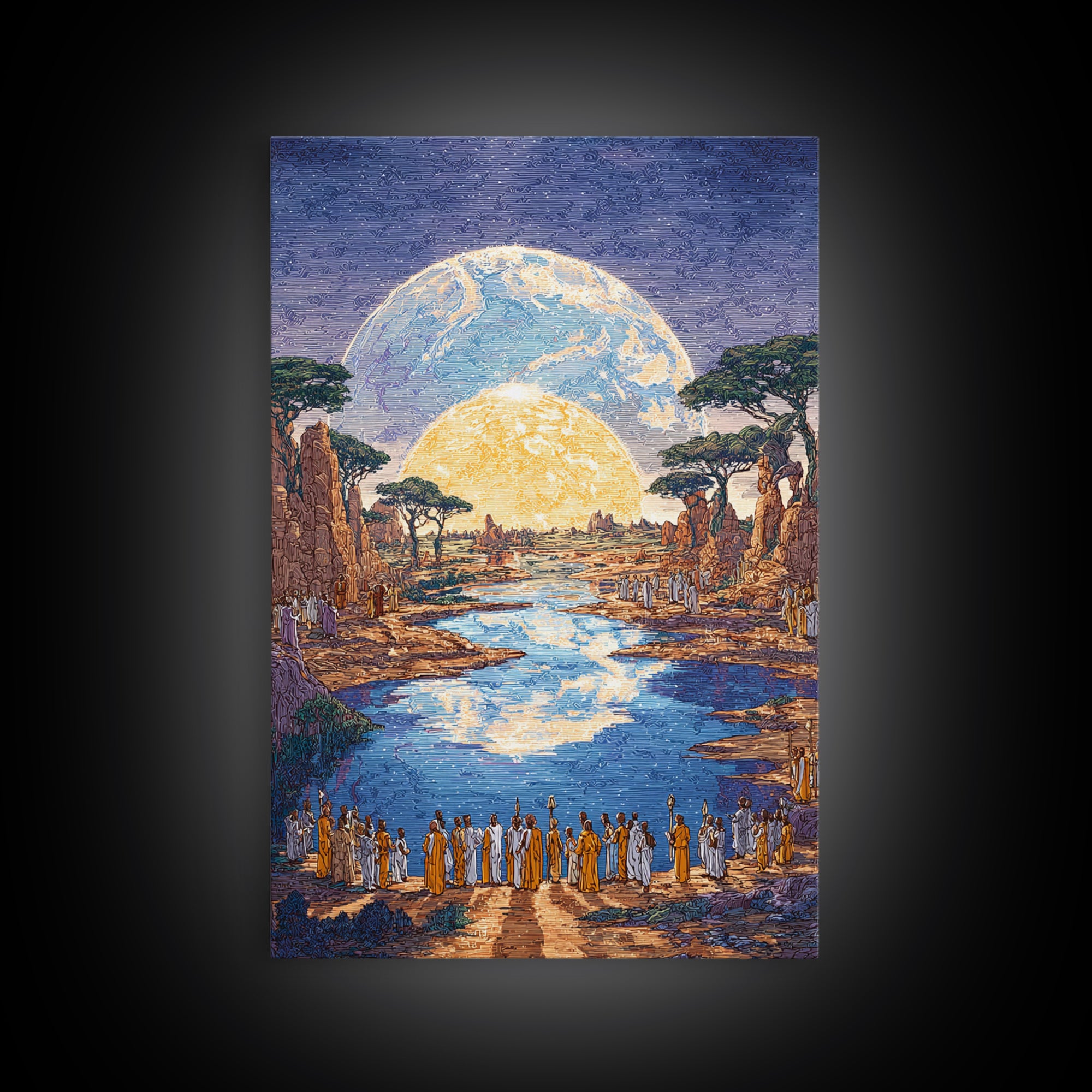 Sacred River Valley With Twin Moons Wall Art, African Landscape Canvas Print, Safari Inspired Cultural Home Decor Gift For Him