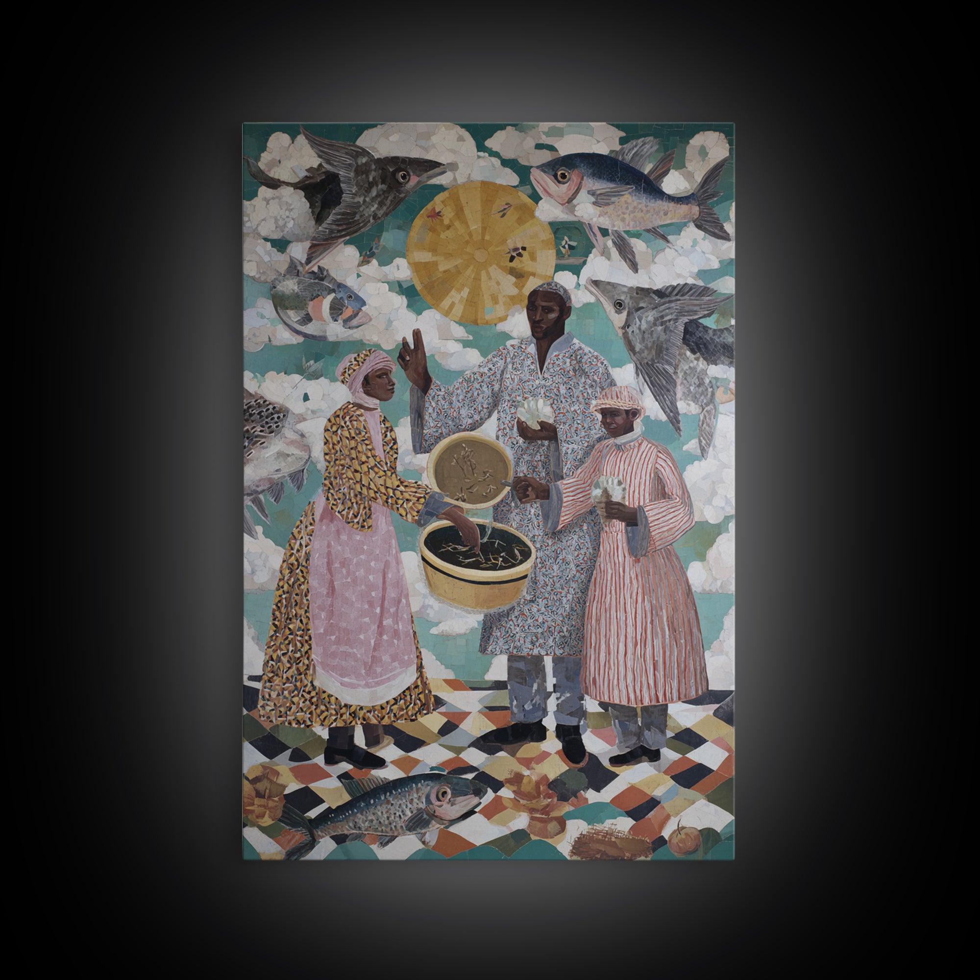 Surreal Fish Sky Ceremony With Family Wall Art, African Culture Canvas Print, Whimsical Kitchen Decor And Unique Gift For Home