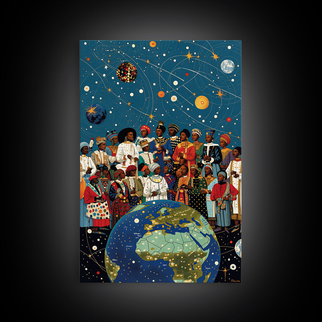 African Diaspora Under Celestial Orbits Wall Art, Afrocentric Canvas Print, Black Culture Artwork And Earth Map Decor Gift