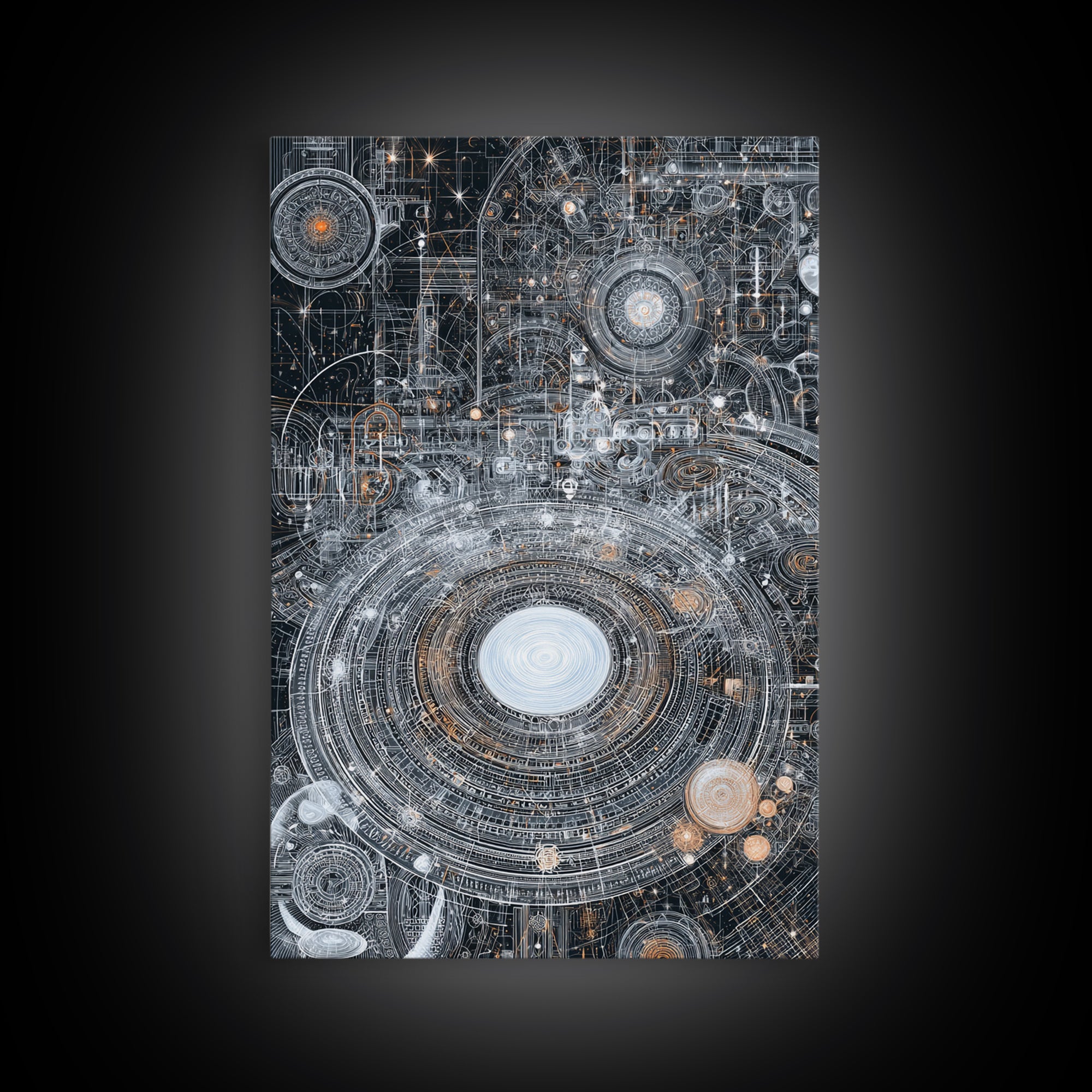 Futuristic Cosmic Circuit Mandala Canvas Print, Abstract Wall Art, Modern Office Decor, Geometric Sci Fi Galaxy Blueprint Digital Art