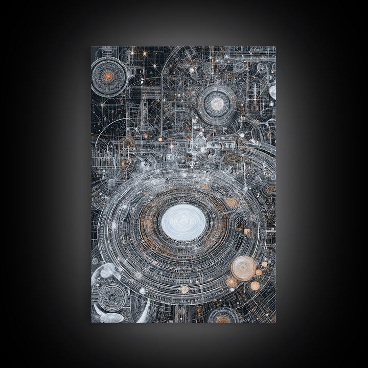 Futuristic Cosmic Circuit Mandala Canvas Print, Abstract Wall Art, Modern Office Decor, Geometric Sci Fi Galaxy Blueprint Digital Art