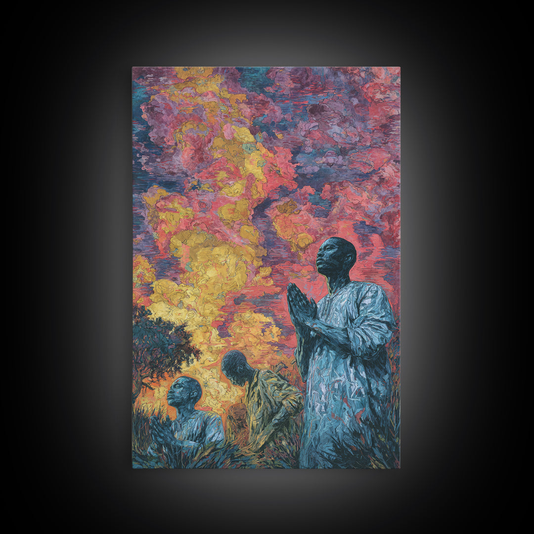 Praying African Men Beneath Fiery Sky Framed Canvas Print, Spiritual Wall Art, Black Culture Art, Meaningful Home Decor Gift