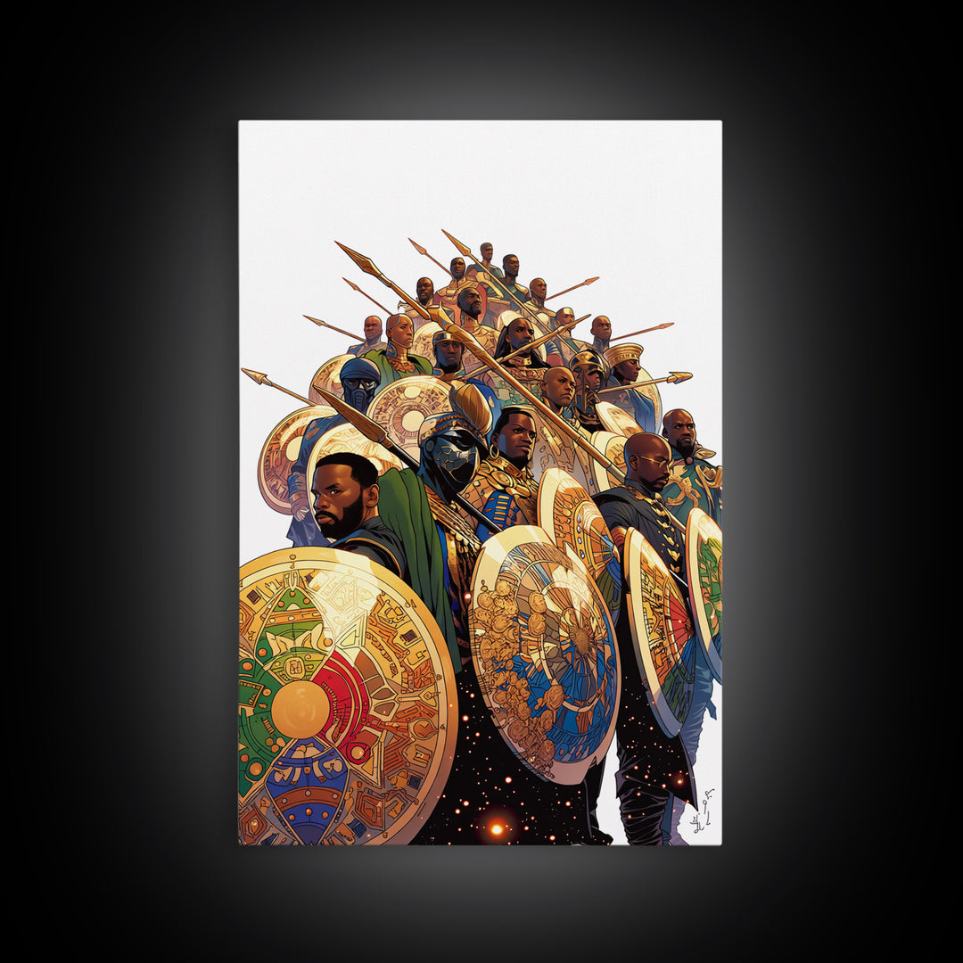 Regal African Warriors With Shields And Spears Canvas Print, African Warrior Art, Tribal Queen Art, Bold Cultural Wall Decor