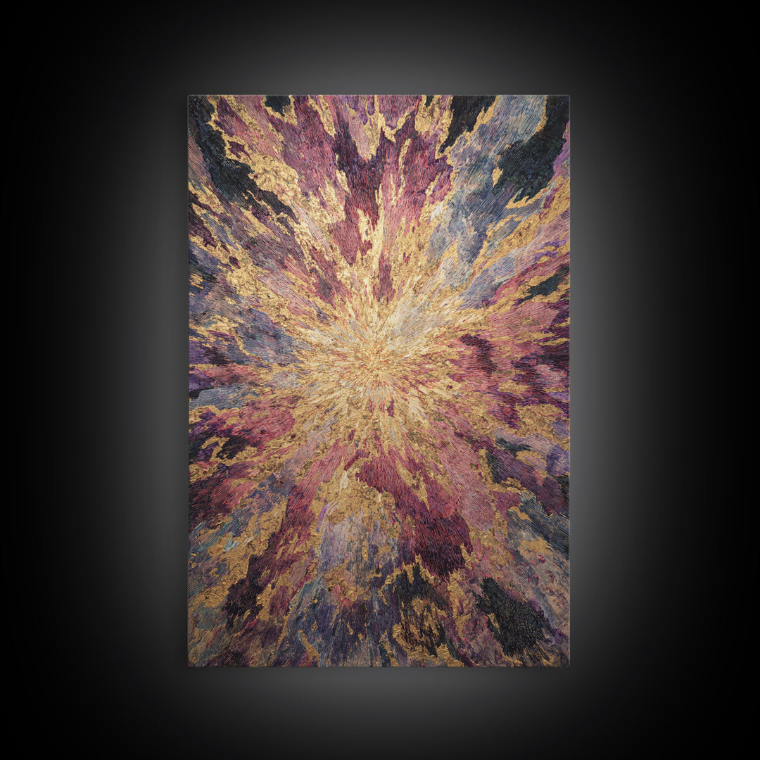 Exploding Abstract Starburst In Gold Plum And Blue Wall Art, Textured Art Print, Modern Canvas Art, Statement Home Decor