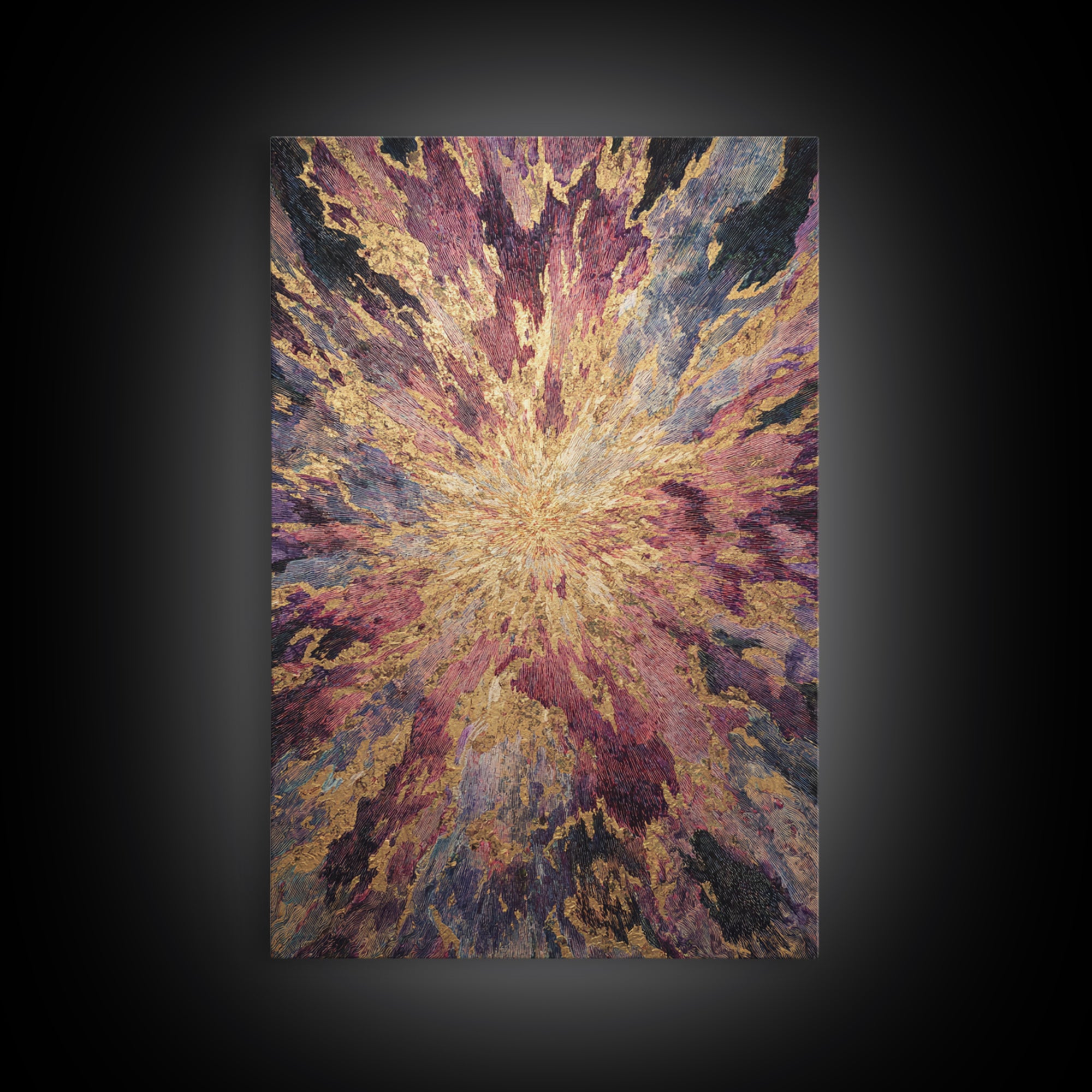 Exploding Abstract Starburst In Gold Plum And Blue Wall Art, Textured Art Print, Modern Canvas Art, Statement Home Decor