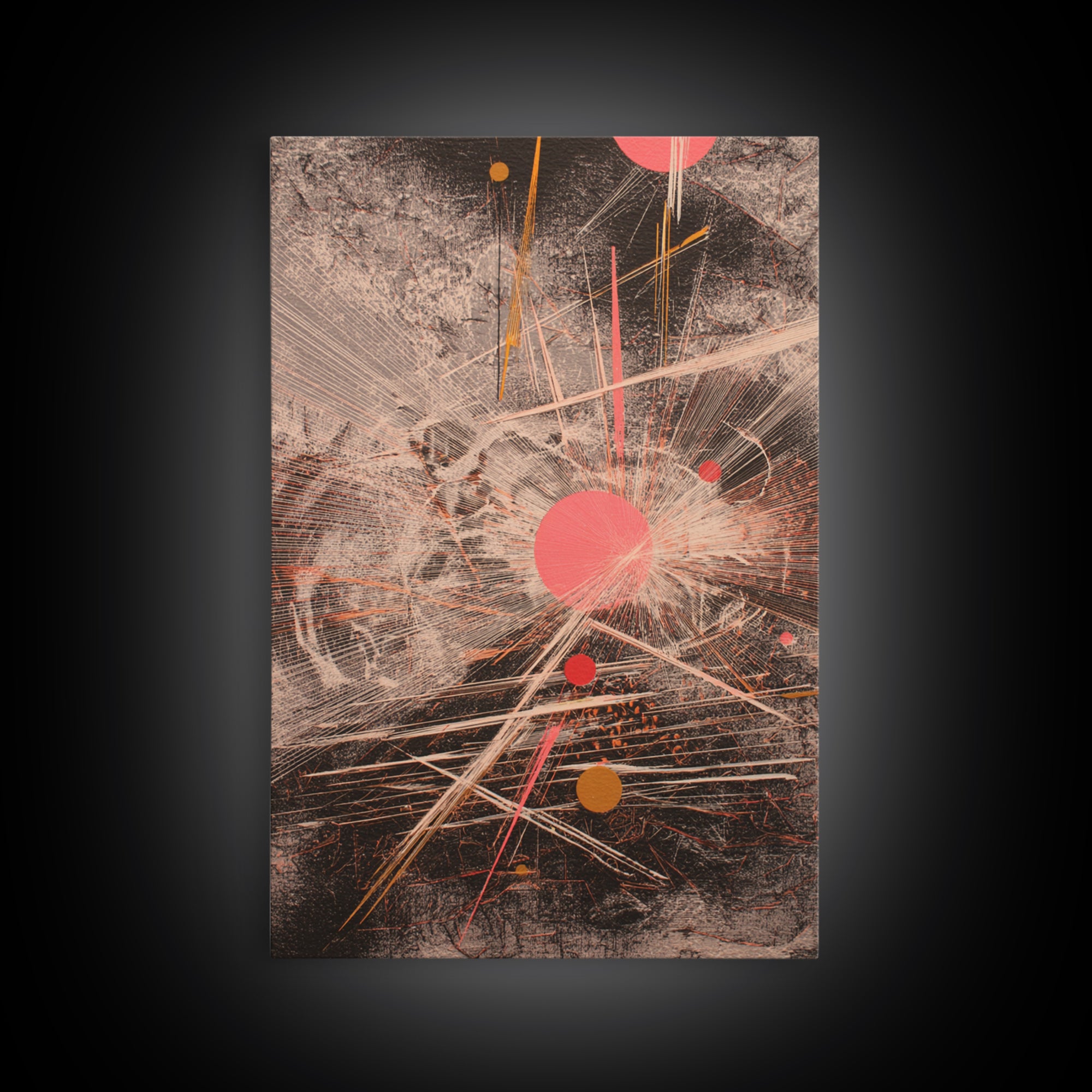Coral Circles And Fine Lines Abstract Canvas Print, Geometric Wall Art, Modern Office Decor, Minimalist Black Art Gift For Her