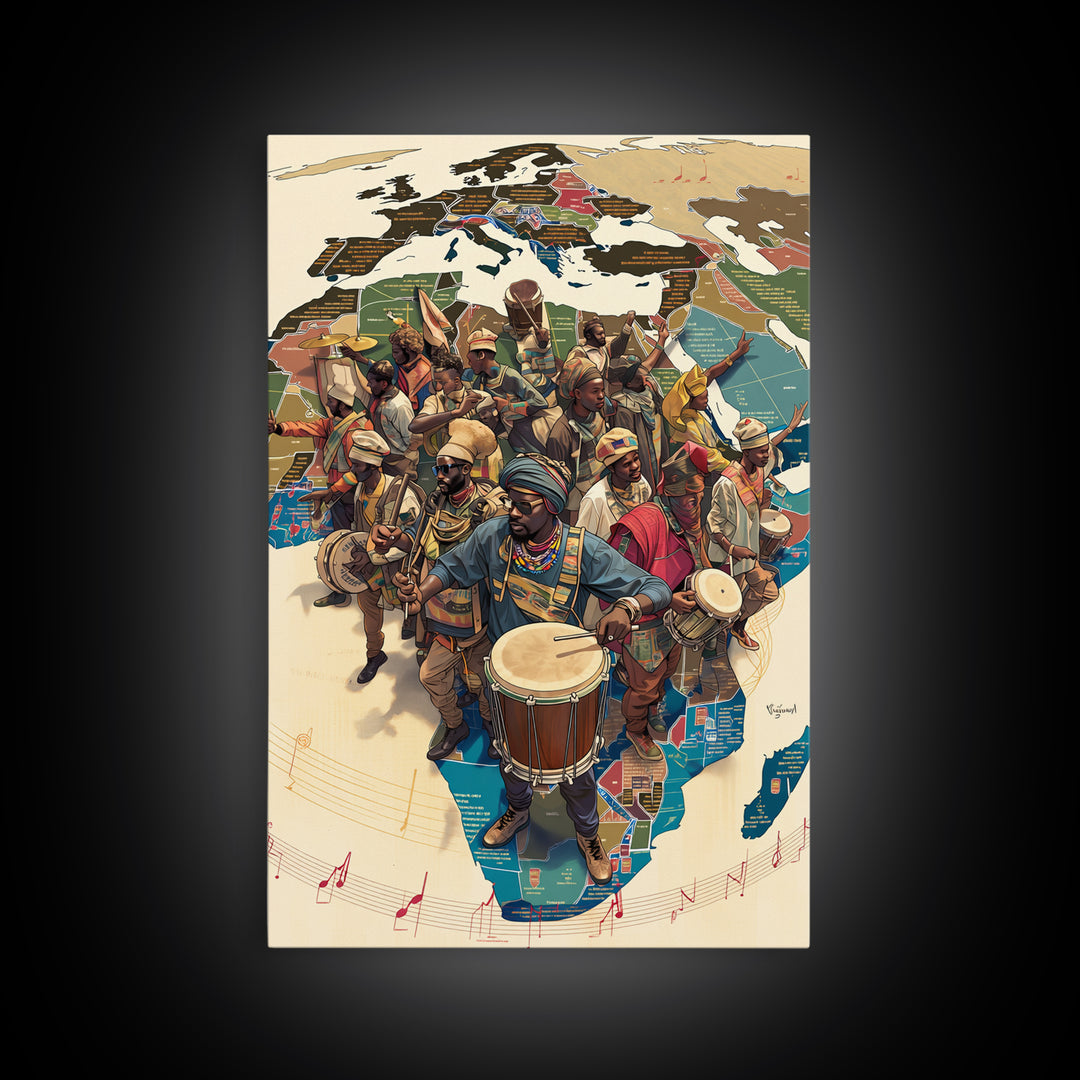 African Musicians Over Motherland Map Framed Canvas Print, African Culture Art, Afrocentric Wall Art, Vibrant Home Decor