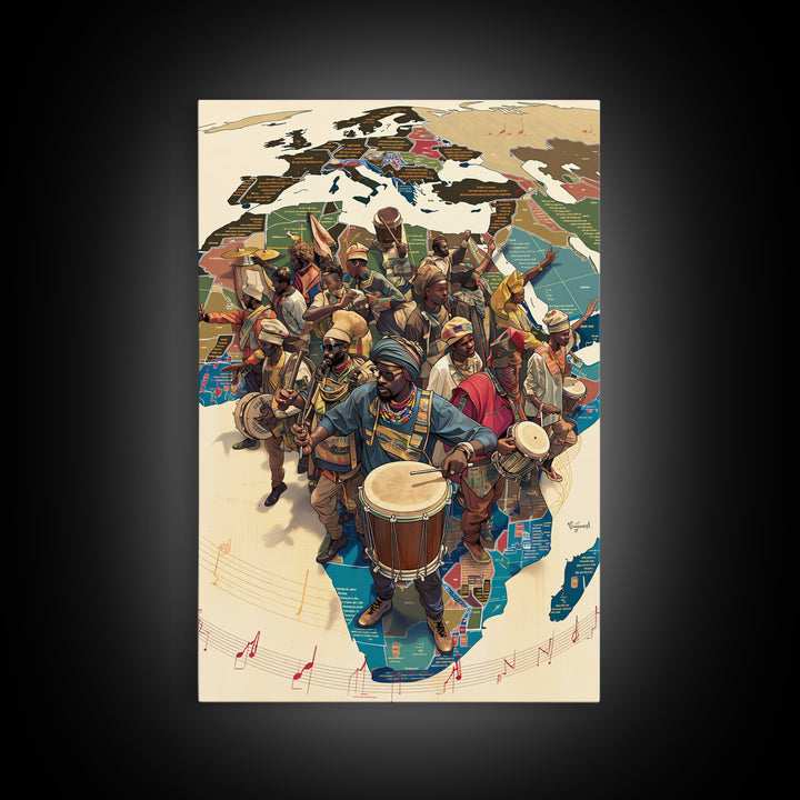 African Musicians Over Motherland Map Framed Canvas Print, African Culture Art, Afrocentric Wall Art, Vibrant Home Decor
