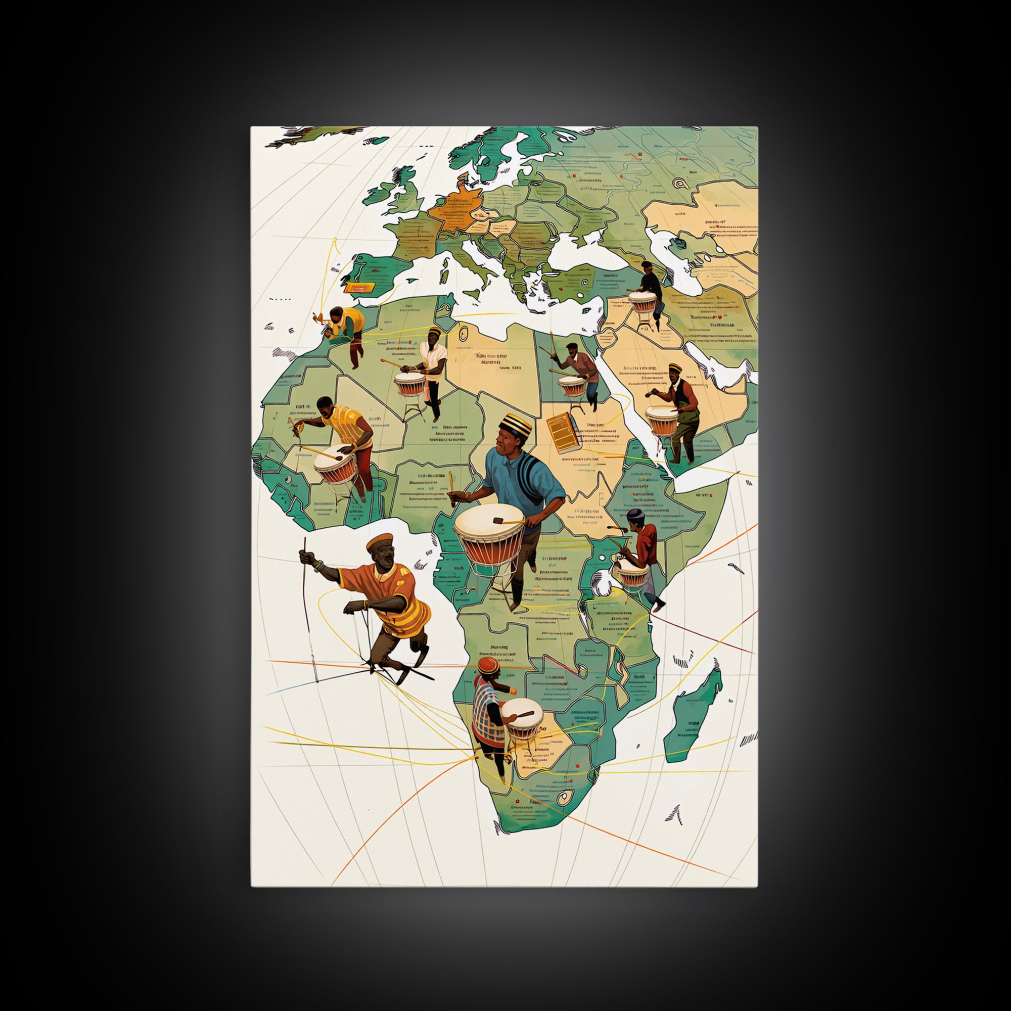 Drummers Across Africa And Europe Map Canvas Print, African Art Prints, Cultural Home Decor, Music Inspired Wall Decor Gift