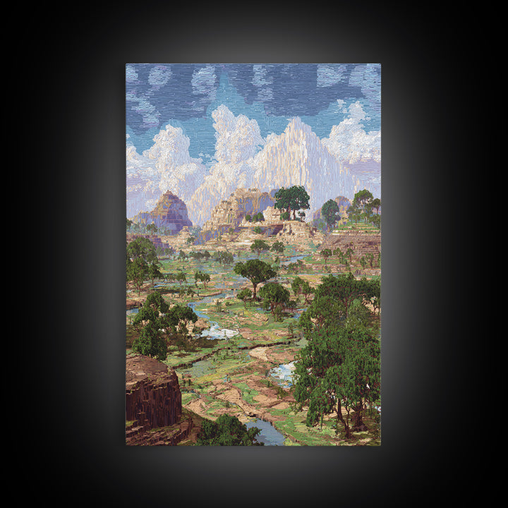 Ancient African Valley With River And Mountains Wall Art, Serengeti Landscape Print, Nature Scene Home Decor, Dreamy Canvas