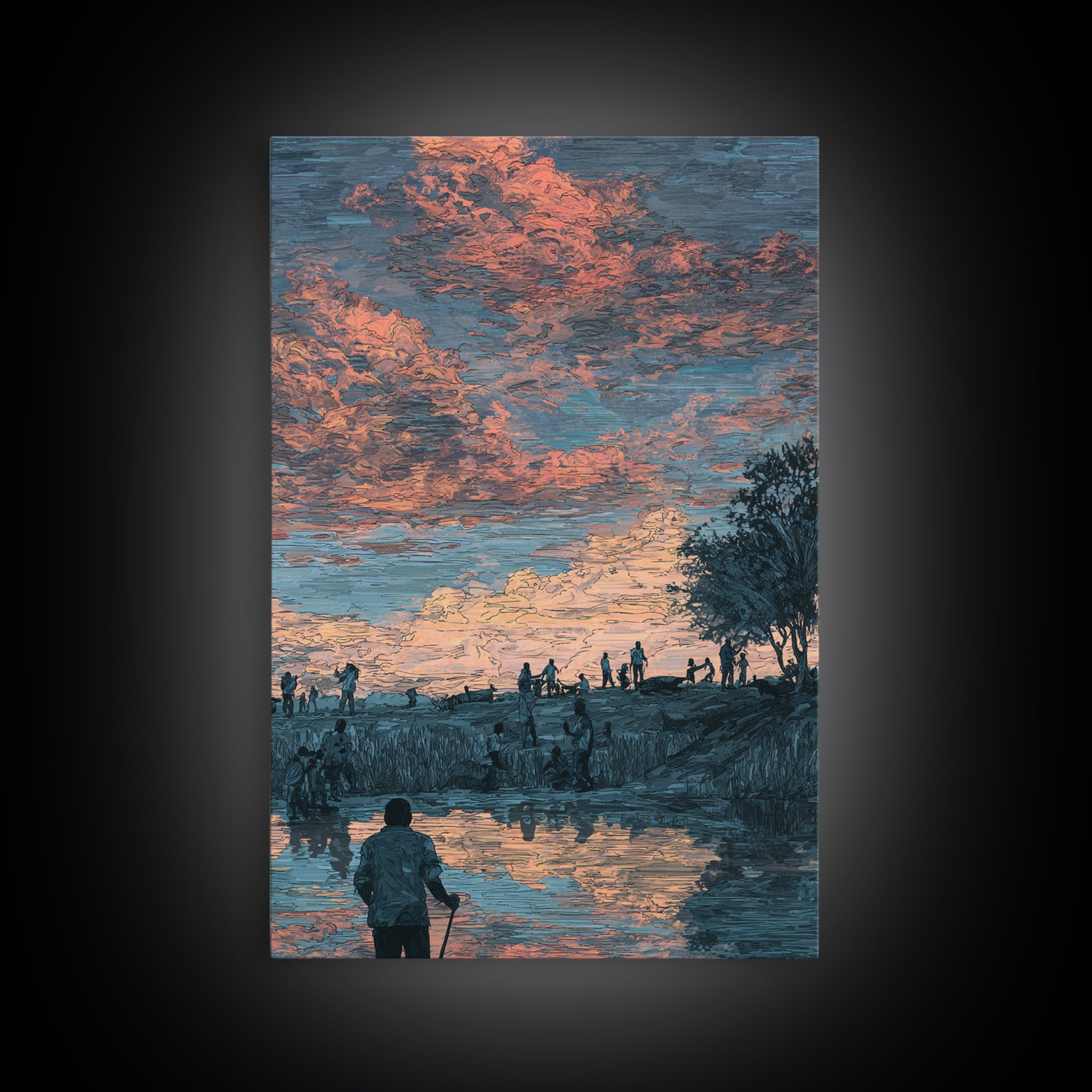Pastoral African Sunset River Scene Canvas Print, Nature Wall Decor, Cultural Landscape Art, Earth Tone Living Room Decor