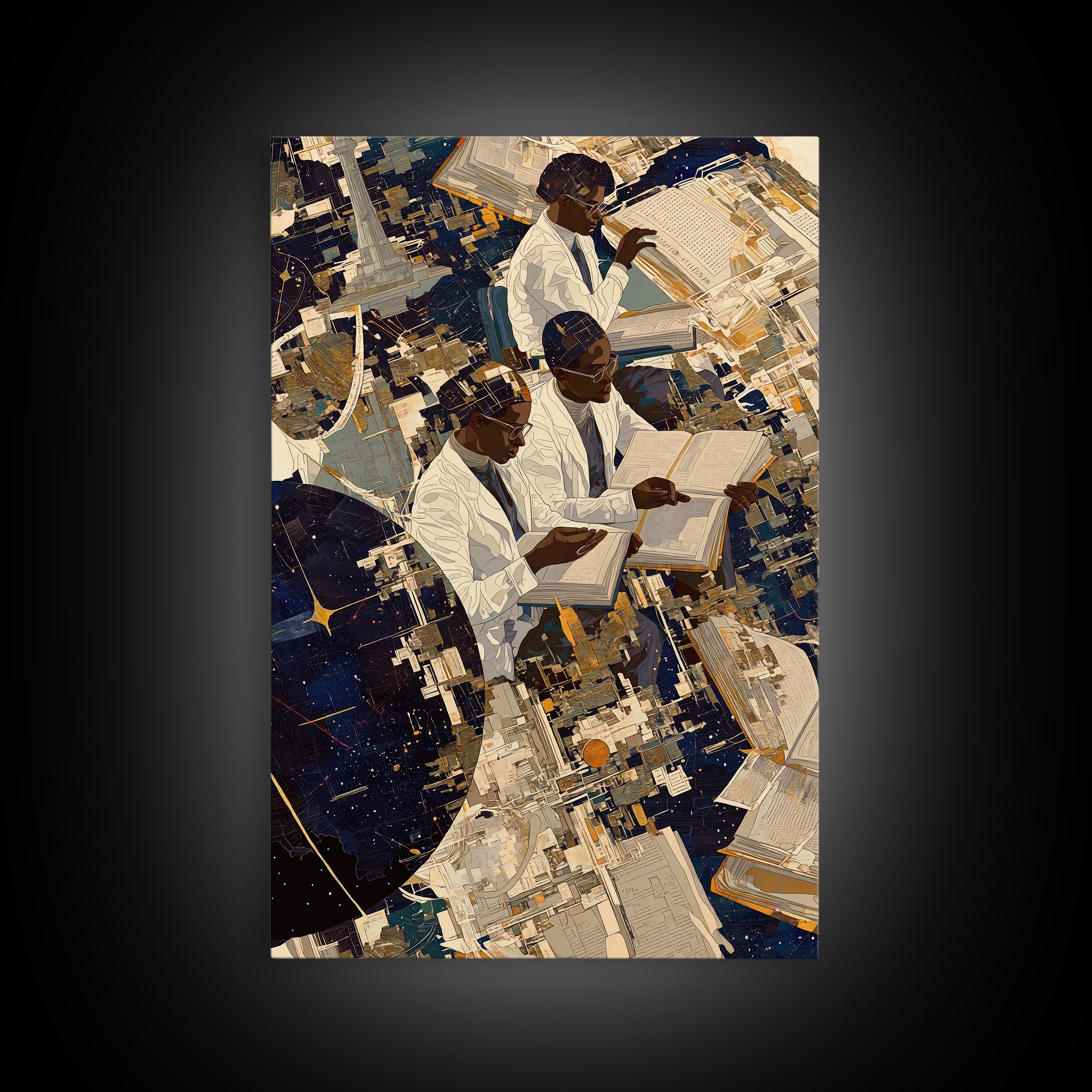 Black African Scholars Reading Floating Books Wall Art, Afrofuturism Decor, Black History Gift, Modern Cultural Canvas Print