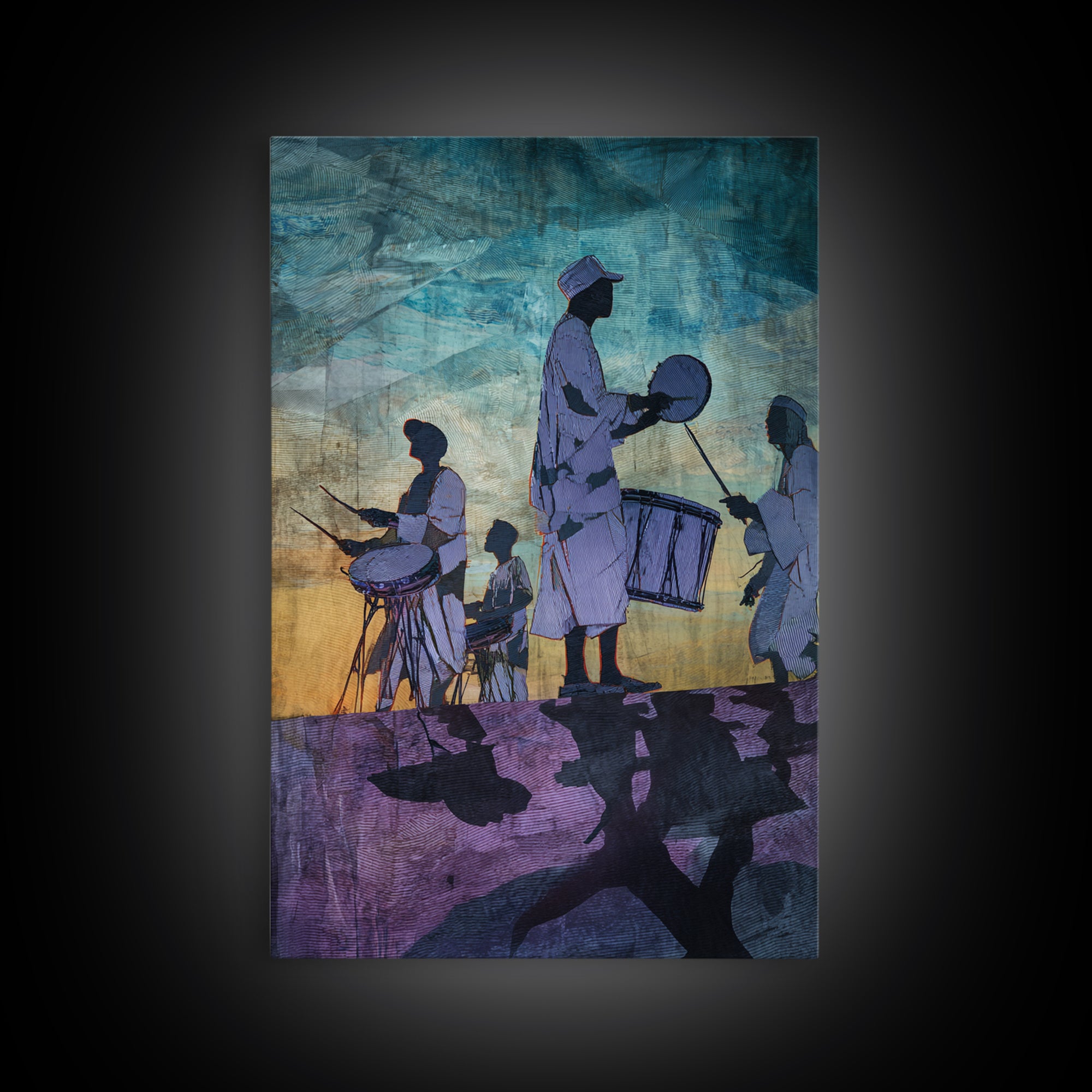 Silhouetted African Drummers At Twilight Framed Canvas Print, Afrocentric Wall Decor, Cultural Music Art, Tribal Home Decor