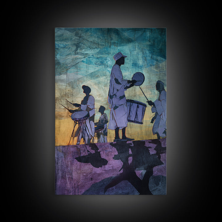 Silhouetted African Drummers At Twilight Framed Canvas Print, Afrocentric Wall Decor, Cultural Music Art, Tribal Home Decor
