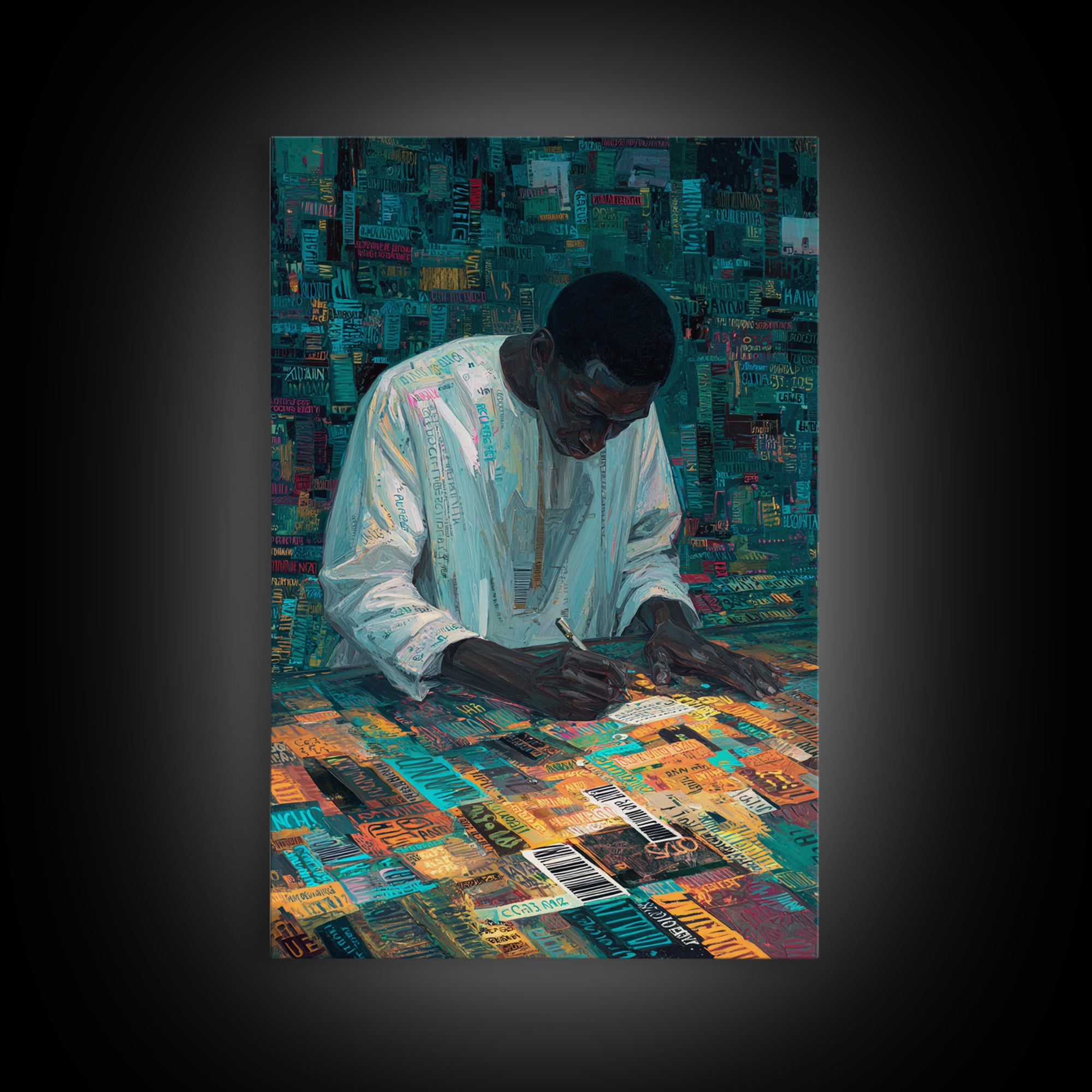 Focused Writer At Colorful Desk Framed Canvas Print, Black Man Wall Art, African American Art, Office Decor, Creative Gift