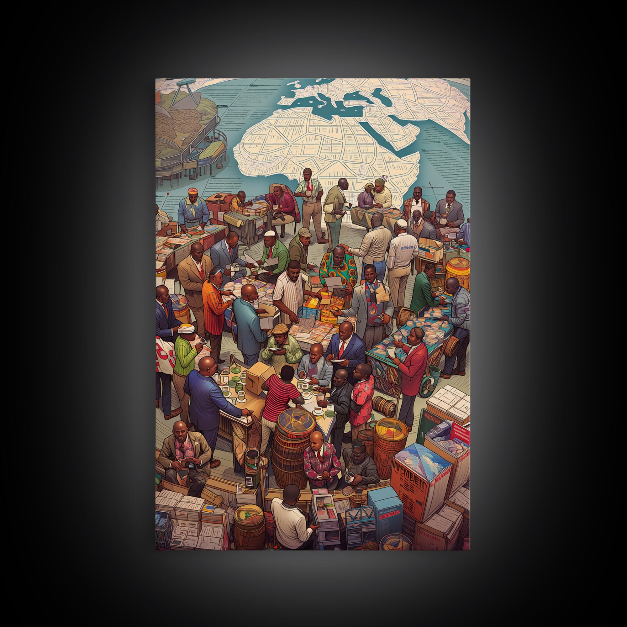 Busy African Market Scene With Map Wall Art, African Culture Art, West African Art, Black People Art, Living Room Decor, Gift