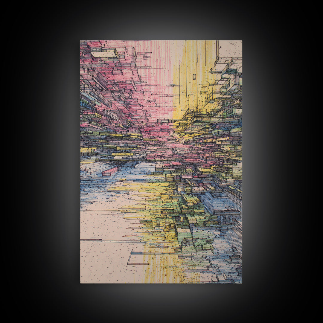 Futuristic Abstract City Canyon Framed Canvas Print, Modern Urban Wall Art, Geometric Architecture, Colorful Office Decor