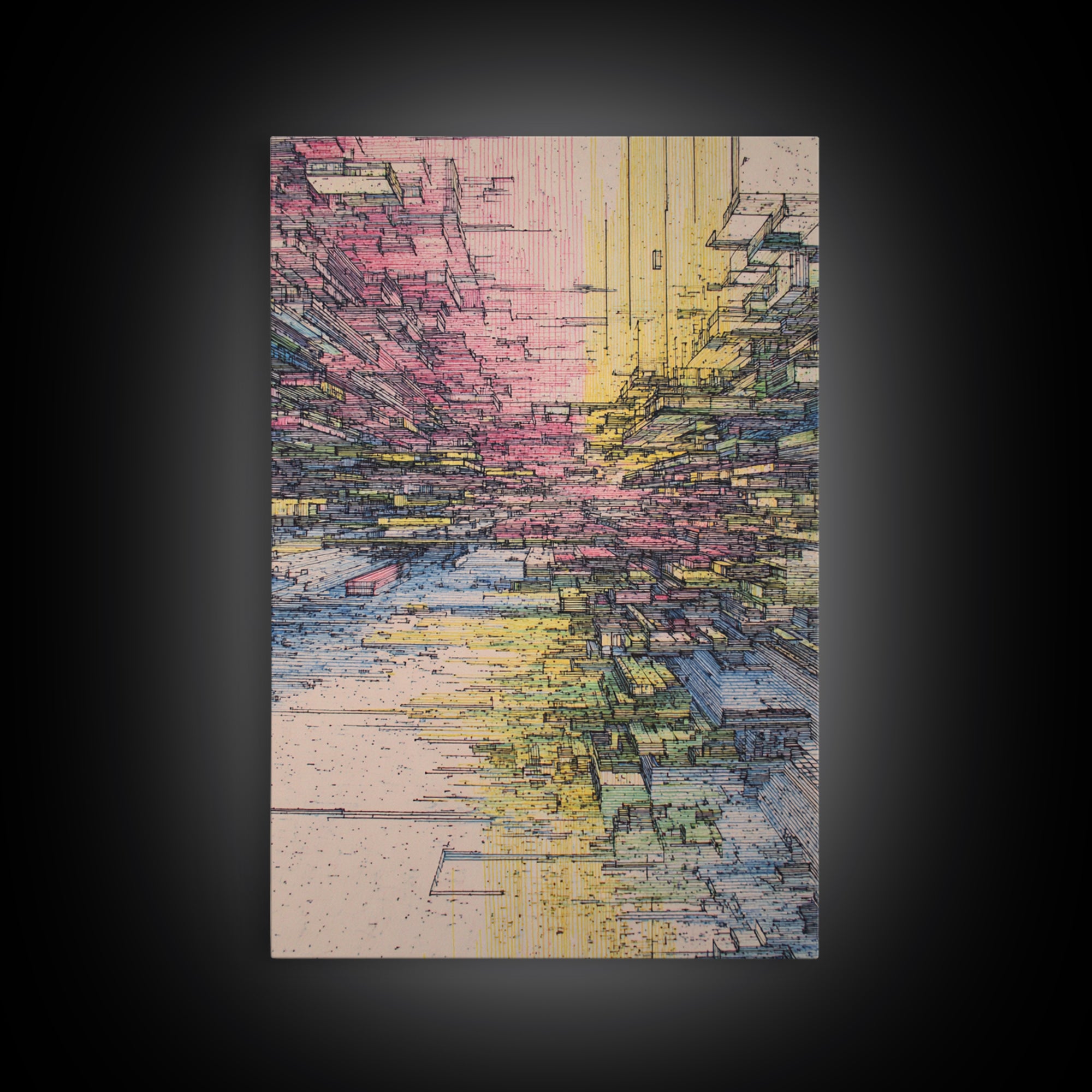 Futuristic Abstract City Canyon Framed Canvas Print, Modern Urban Wall Art, Geometric Architecture, Colorful Office Decor